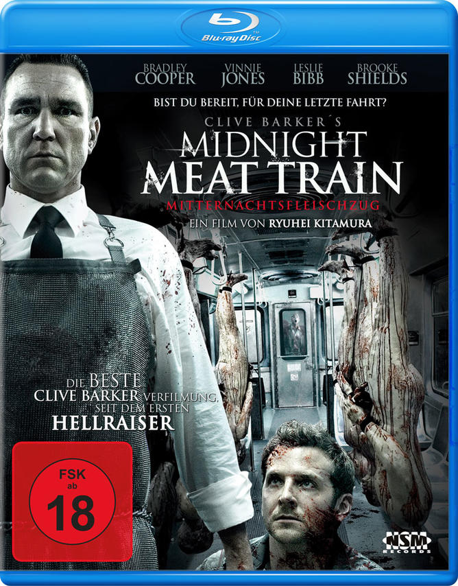 DVD-Cover von 'Midnight Meat Train'. Ein Mann in Schürze steht vor einer Metzgerei mit hängendem Fleisch.