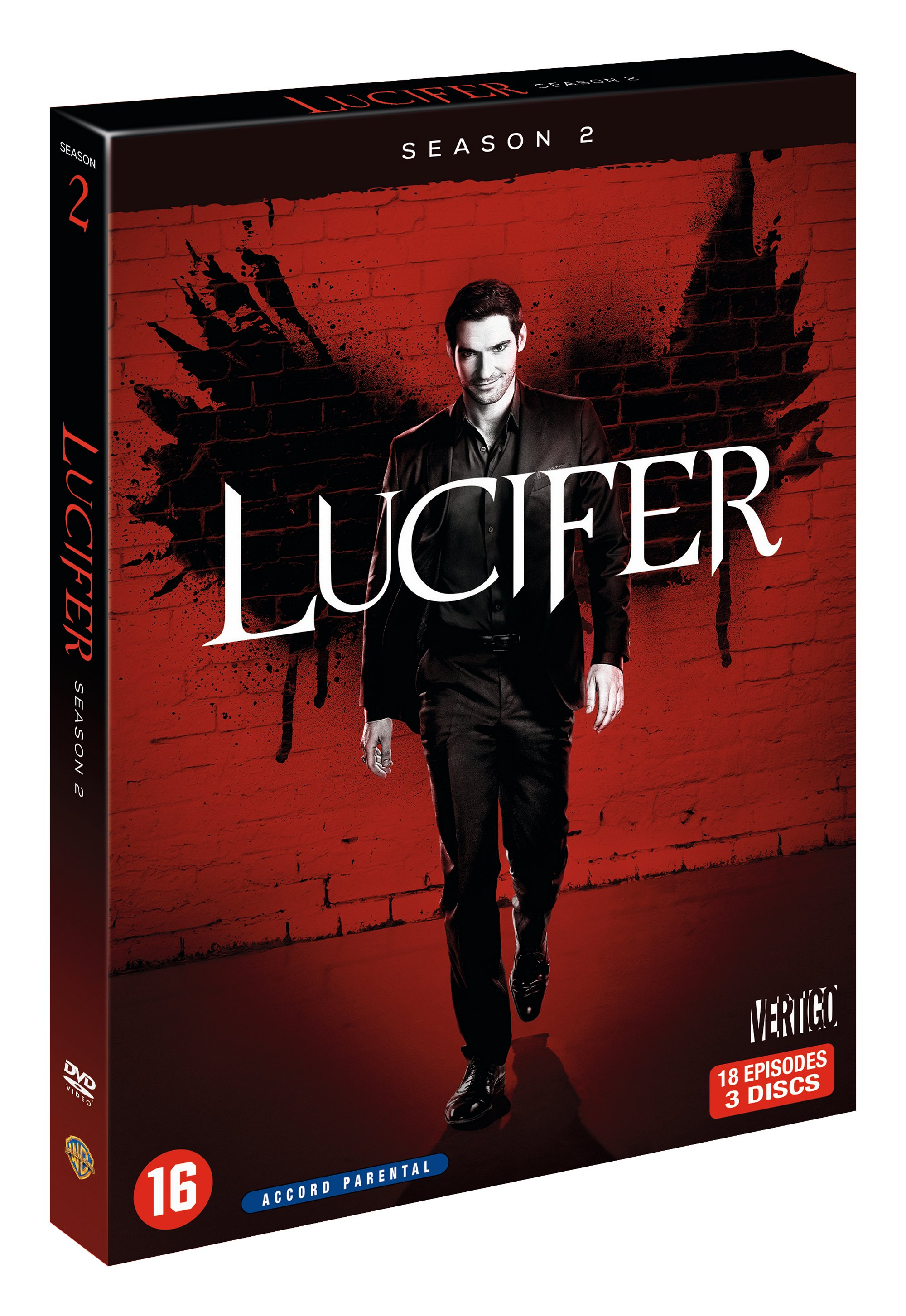 DVD box set of Lucifer, Season 2. The cover features Tom Ellis in a black suit.