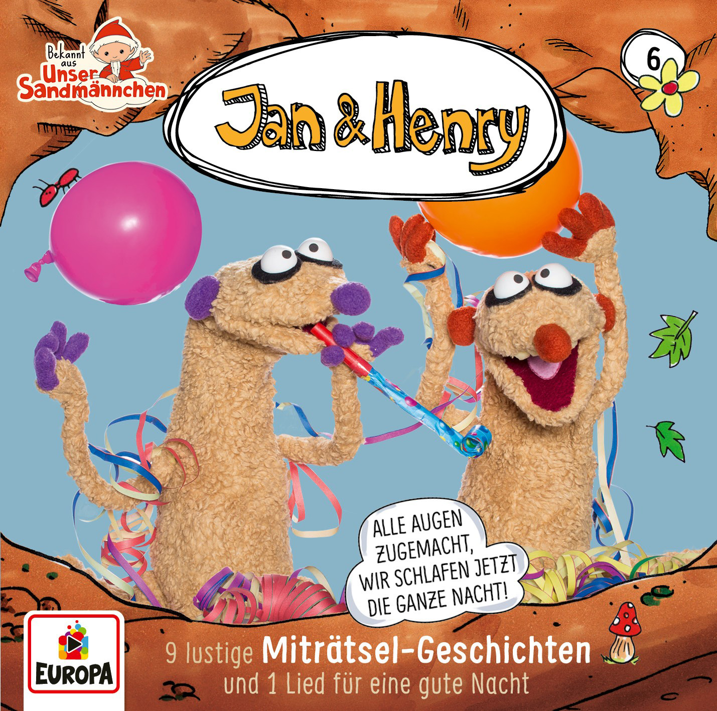 Cover von 'Jan & Henry' mit zwei Erdmännchen-Puppen, die mit Luftballons und einer Tröte feiern.