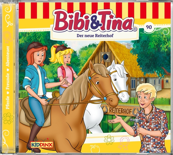 Bibi & Tina CD-Cover. Zwei Mädchen reiten auf Pferden, ein Junge ist auf der rechten Seite.