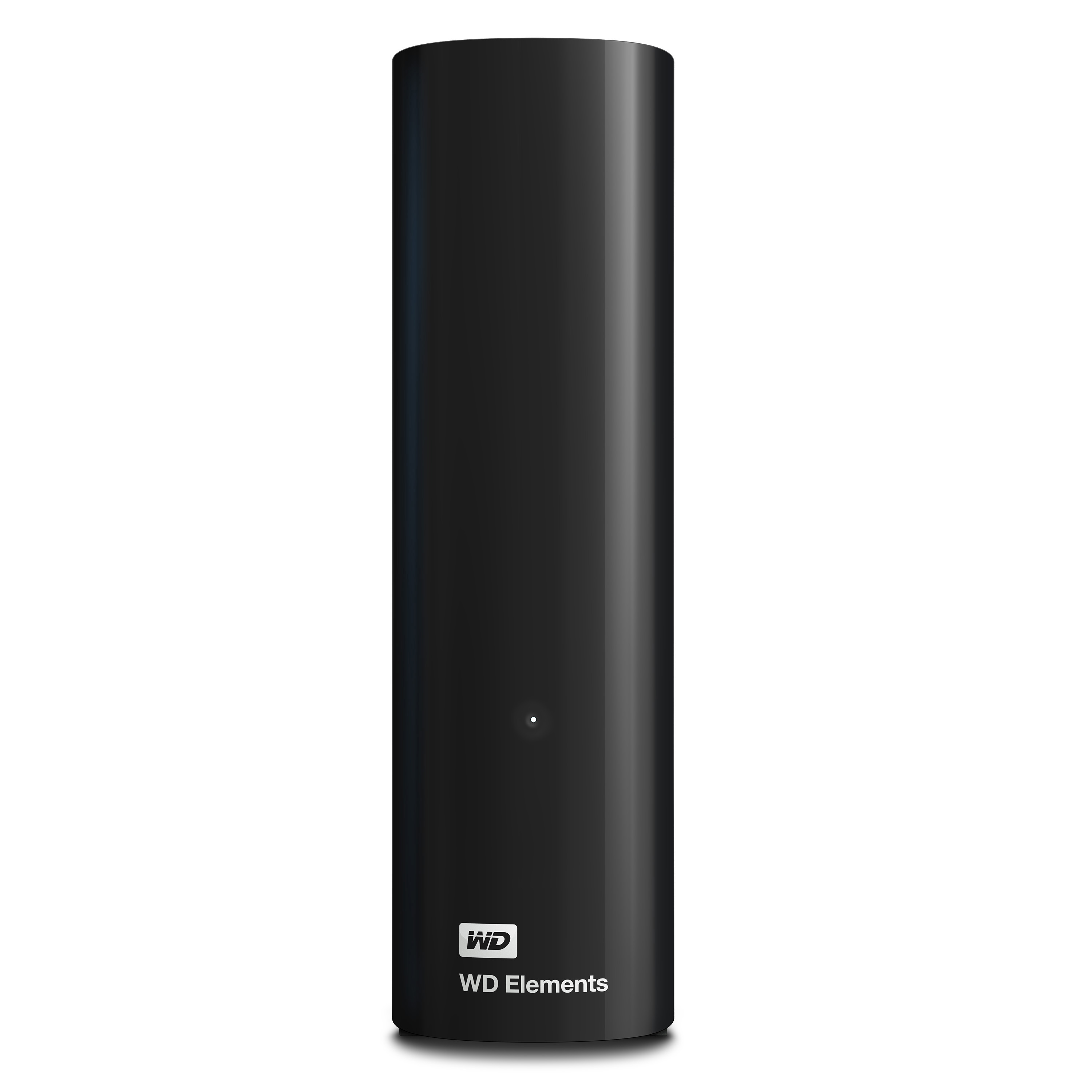 Eine schwarze, zylindrische externe Festplatte mit WD Elements Logo.