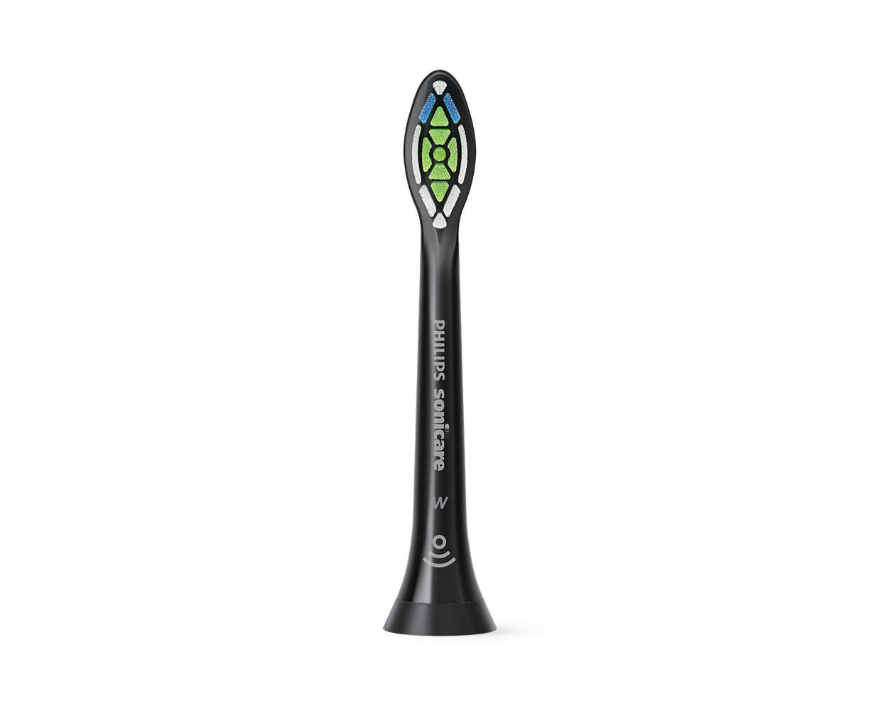 Schwarzer Philips Sonicare Zahnbürstenkopf mit grünen und blauen Borsten.