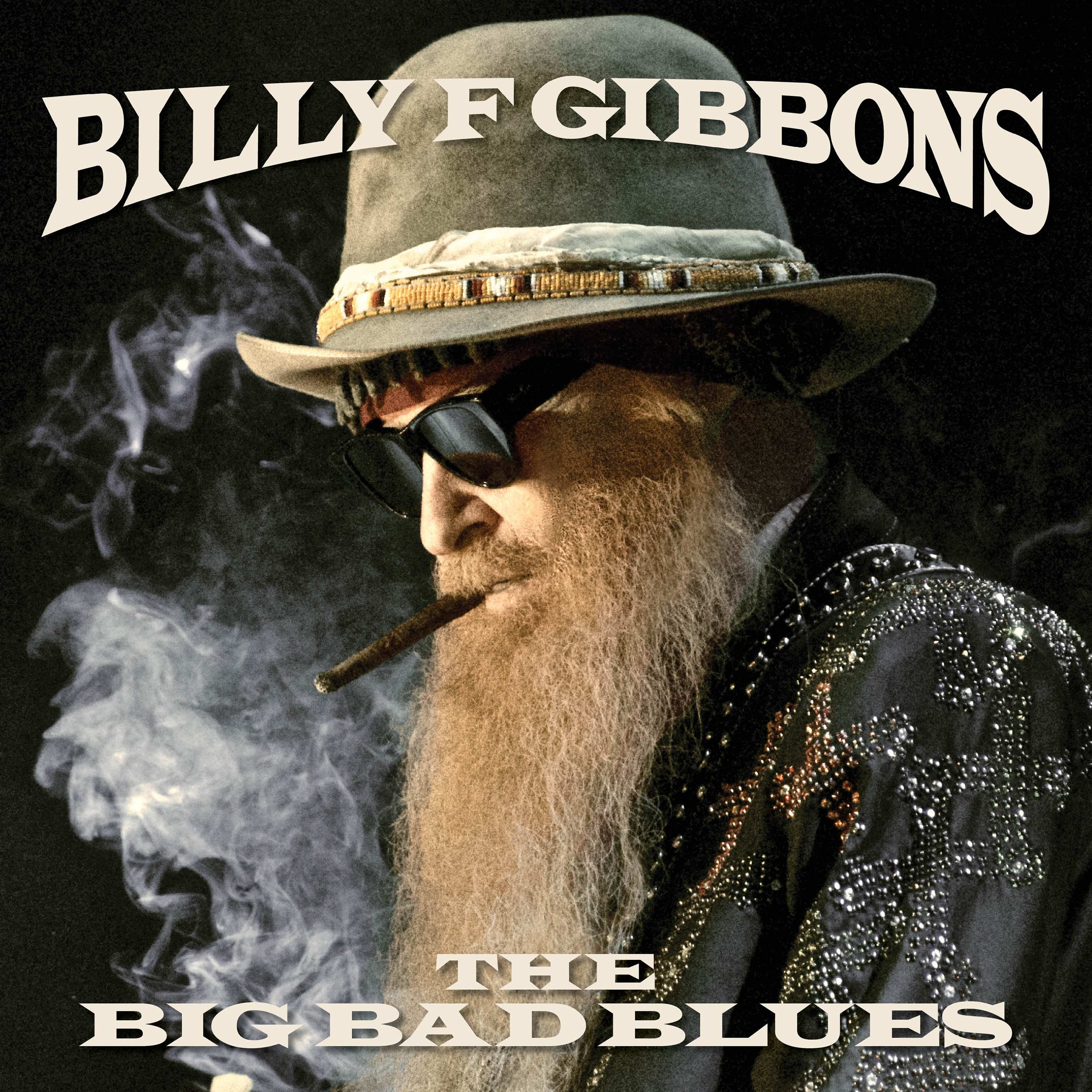 Albumhoes van Billy F Gibbons met baard en hoed, een sigaar rokend, met tekst.