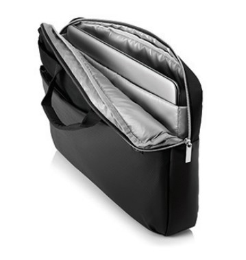 Schwarze Laptop-Hülle mit einem Laptop darin, offen.