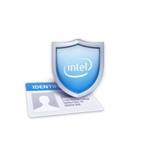 Logotipo de Intel dentro de un escudo sobre una tarjeta de identificación. La tarjeta muestra un perfil de empleado.