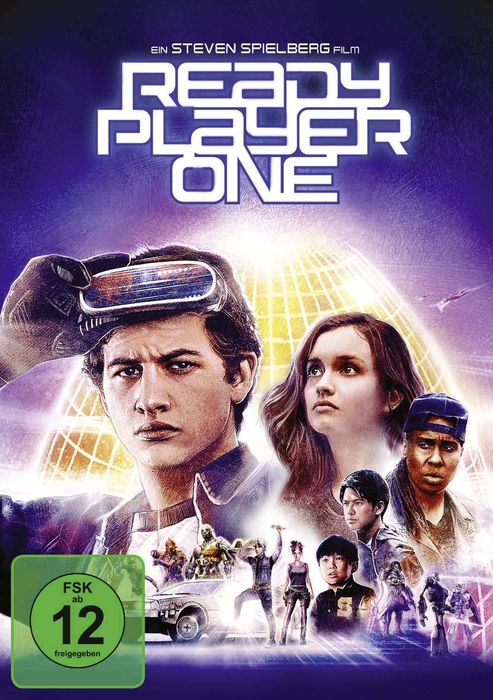 Filmcover für 'Ready Player One'. Ein Mann mit VR-Brille und eine Frau schauen nach oben, darunter Charaktere.