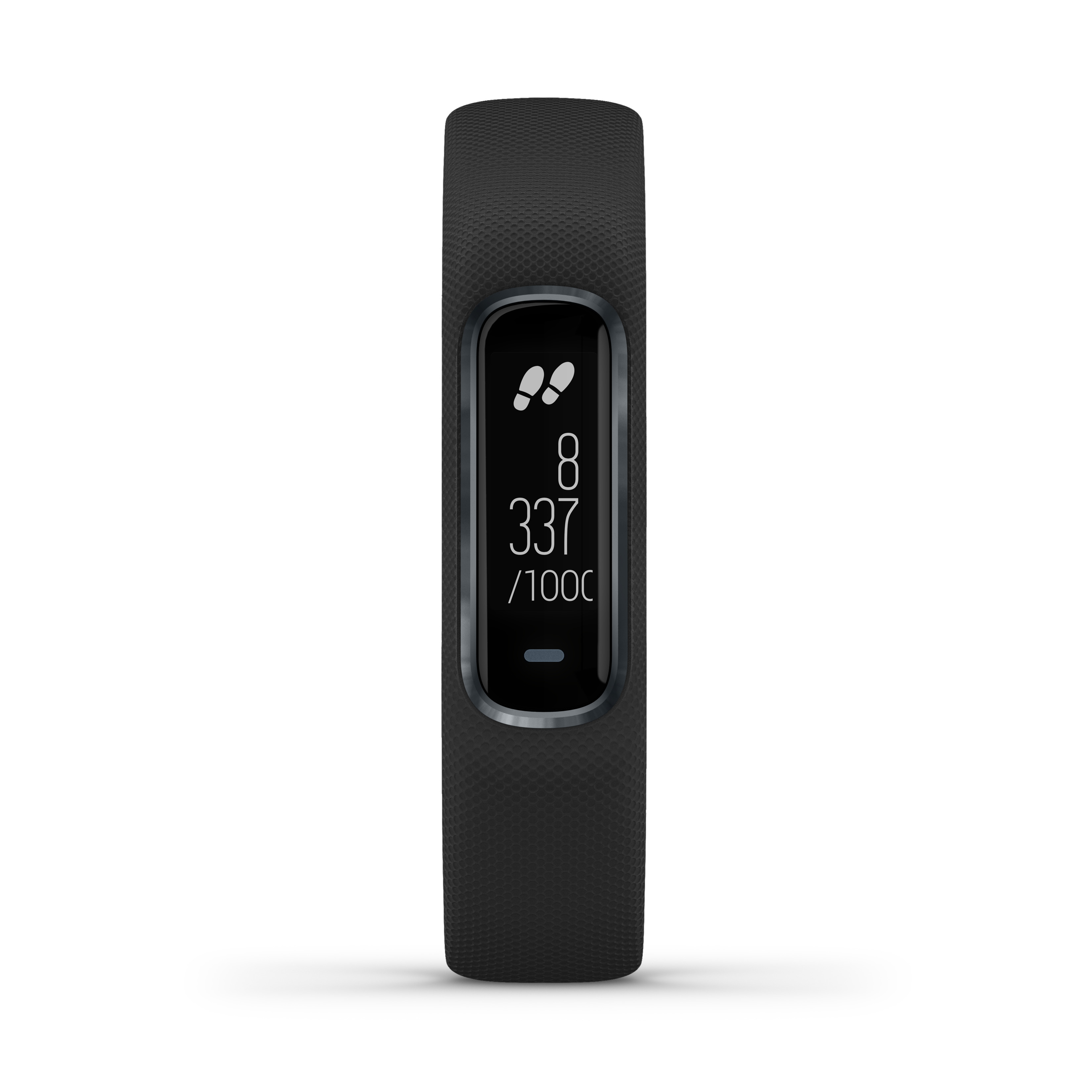 Ein schwarzer Fitness-Tracker, der Schritte und Distanz anzeigt. Es ist ein Armband.