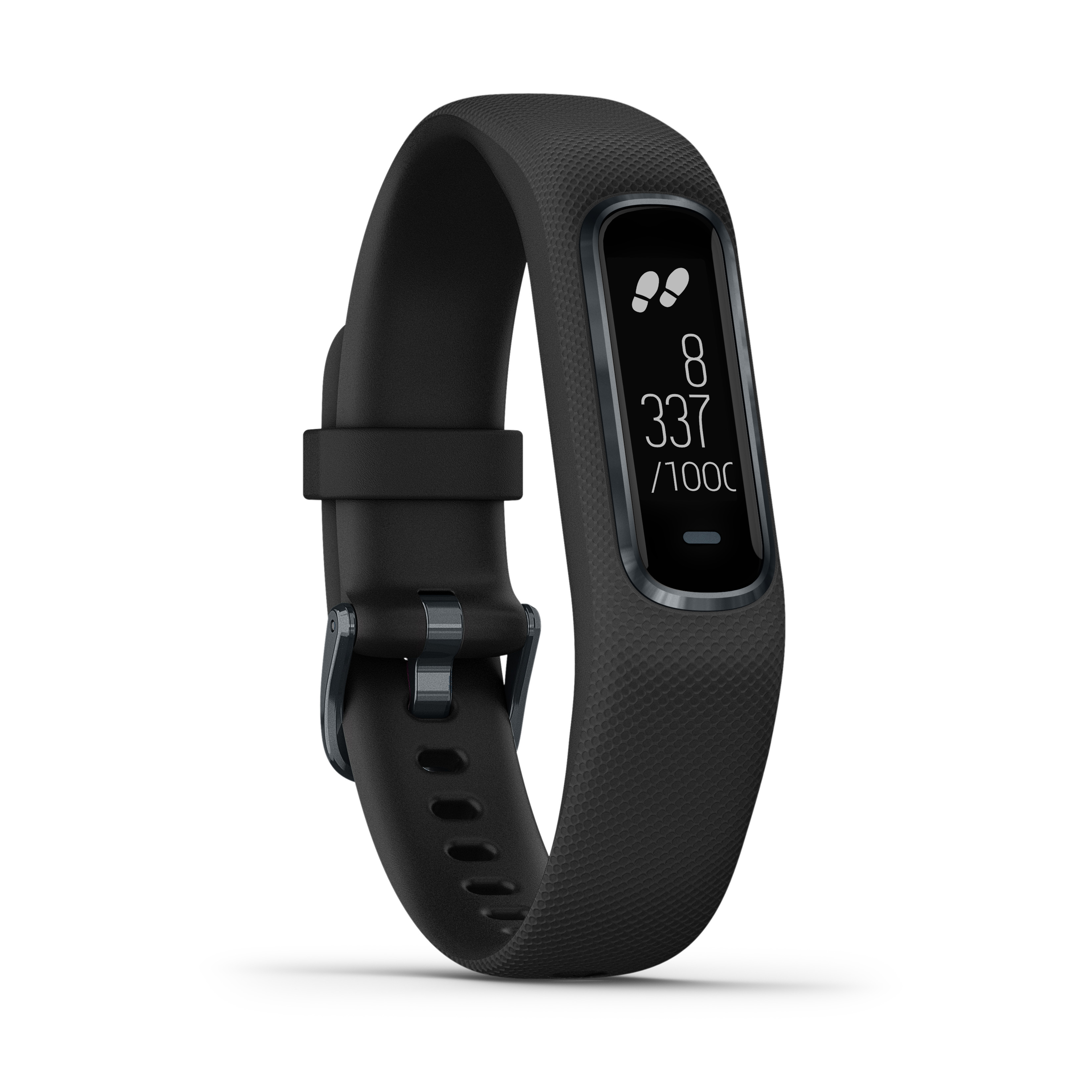 Schwarzer Fitness-Tracker, der Schritte, Distanz und Zielfortschritt vor weißem Hintergrund anzeigt.