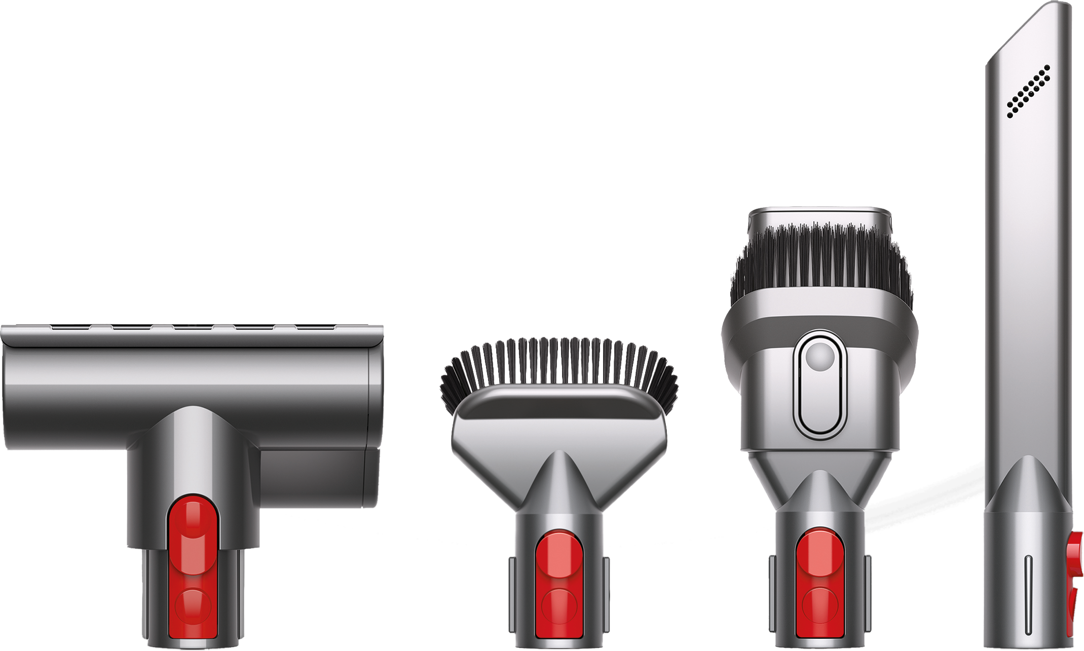Staubsaugeraufsätze, darunter ein T-förmiger Aufsatz, eine Bürste und eine Fugendüse.