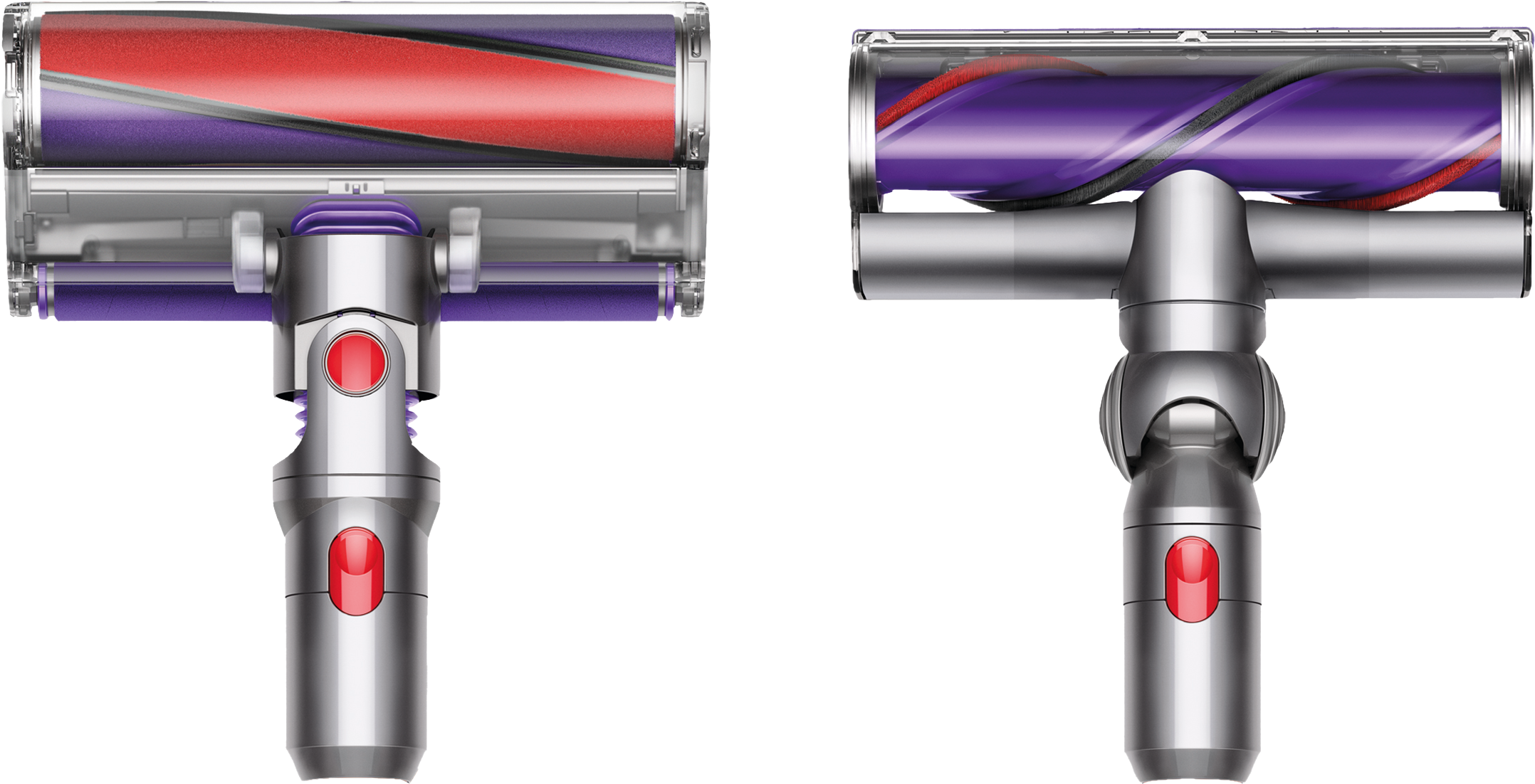 Zwei Dyson Staubsaugeraufsätze nebeneinander. Einer mit roter Bürste, einer mit lila.