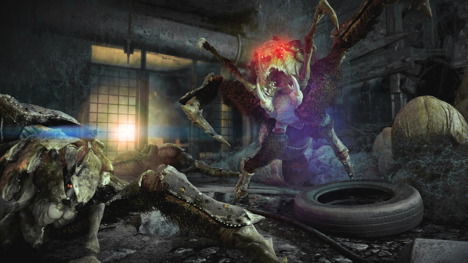 Un mostruoso ragno in un'ambientazione industriale oscura, con altre creature grottesche.