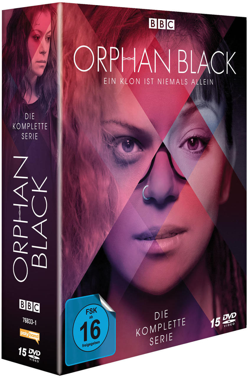 DVD-Box-Set mit dem Titel "Orphan Black". Zeigt das Gesicht einer Frau mit dunklem, farbenfrohem Hintergrund.