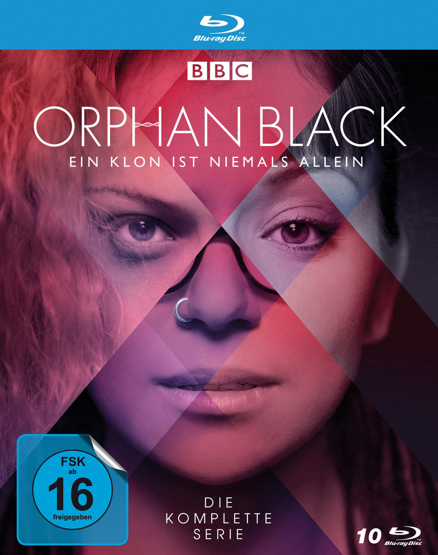 DVD-Cover von 'Orphan Black' mit dem Gesicht einer Frau und dem Titel in fetten Buchstaben.