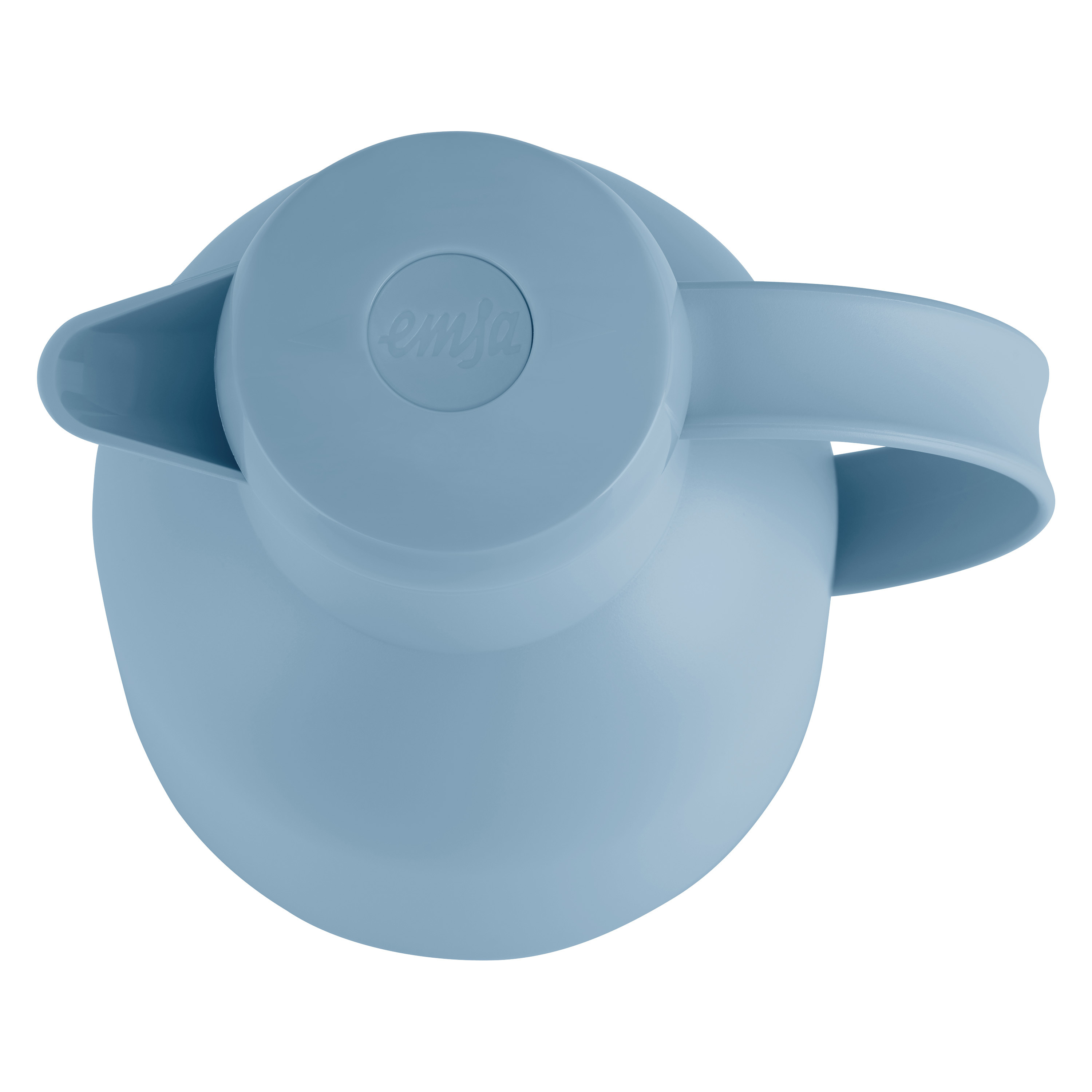 Hellblaue Emsa Thermoskanne. Draufsicht, mit Deckel und Griff.