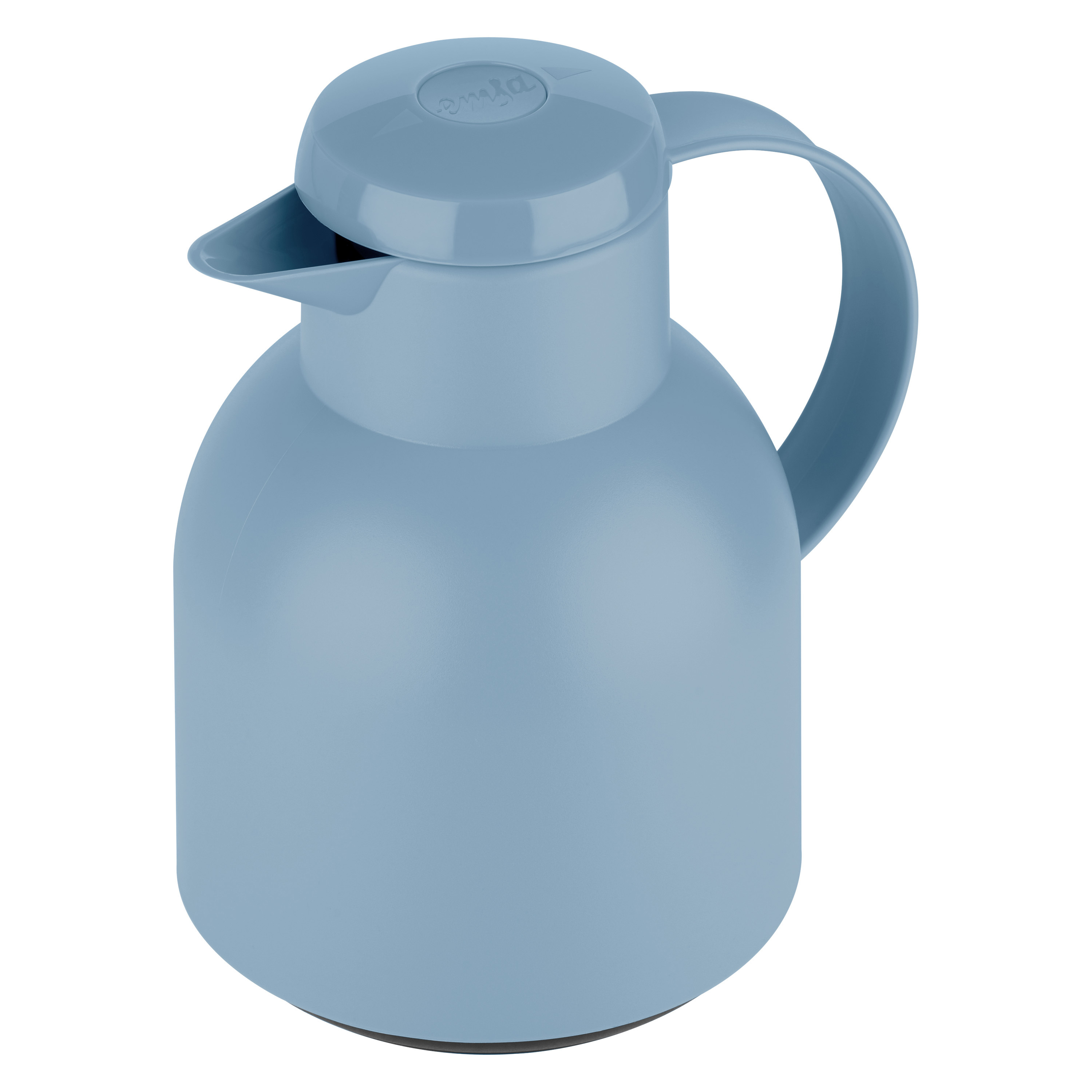 Hellblaue Thermoskanne mit Henkel und Ausguss. Einfaches, glattes Design.