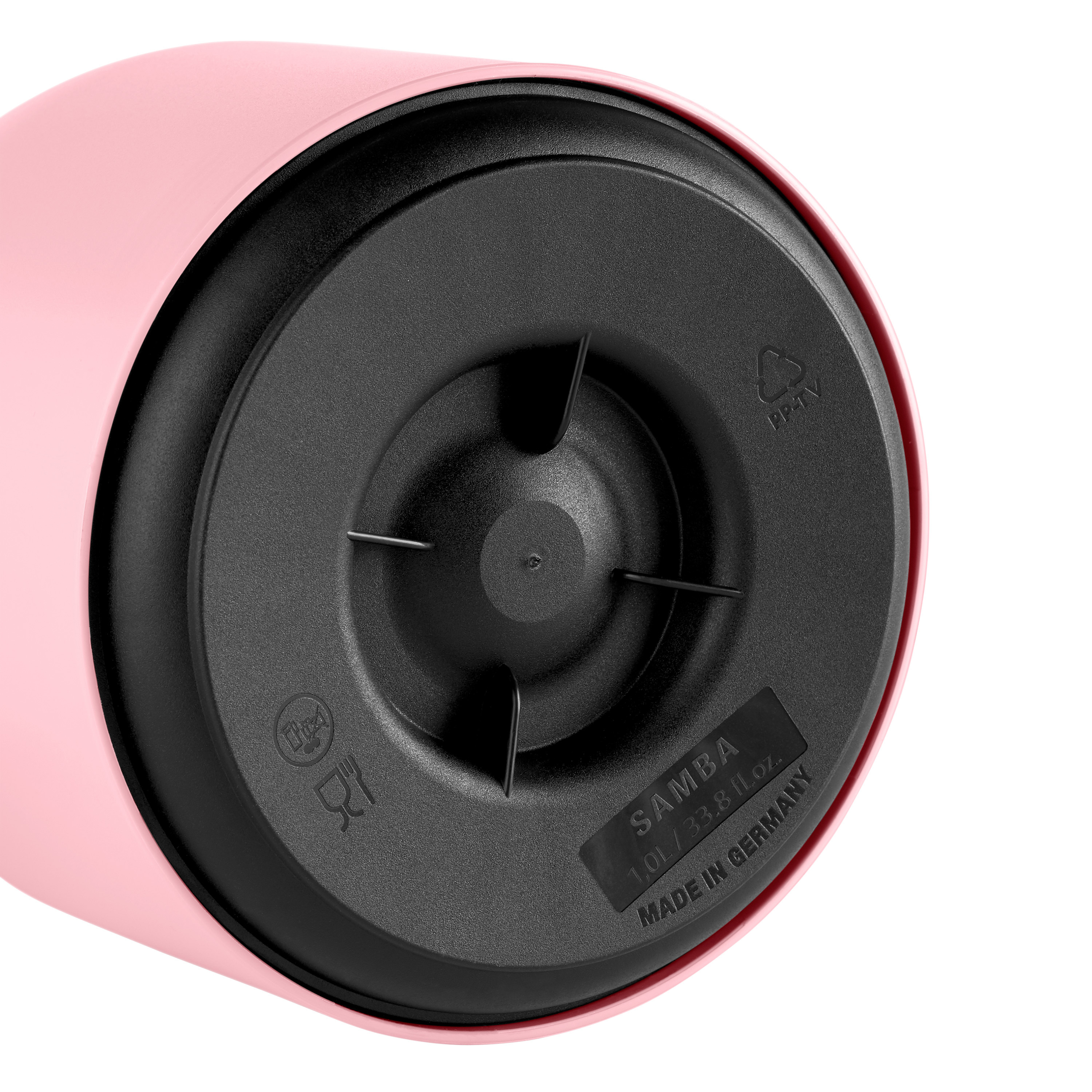 Boden einer rosa Samba-Thermoskanne mit schwarzem Boden.
