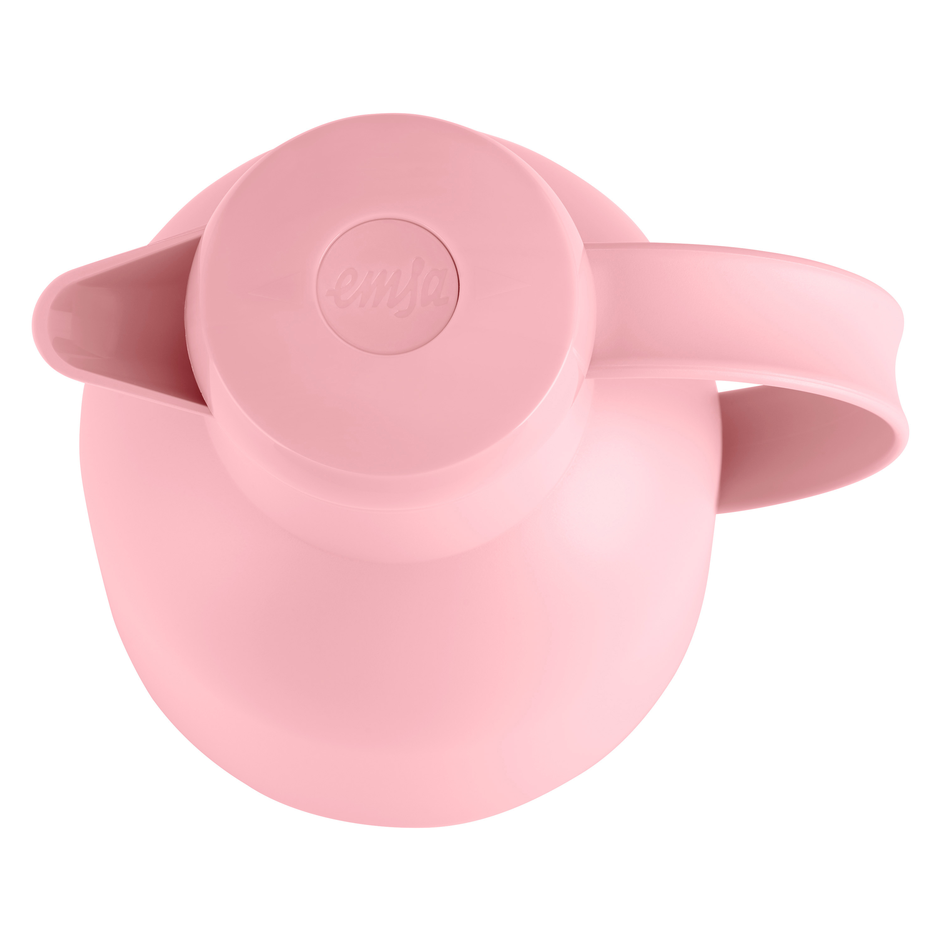 Eine pinke Thermoskanne von oben, mit Griff und Deckel. Emsa-Logo oben.