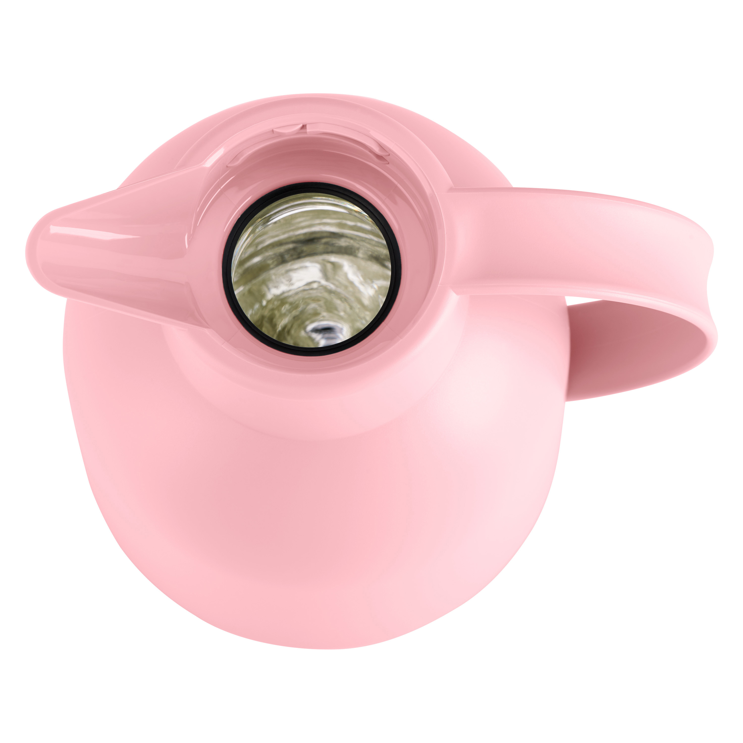 Rosa Thermoskanne mit Henkel und weiter Öffnung, von oben gesehen.