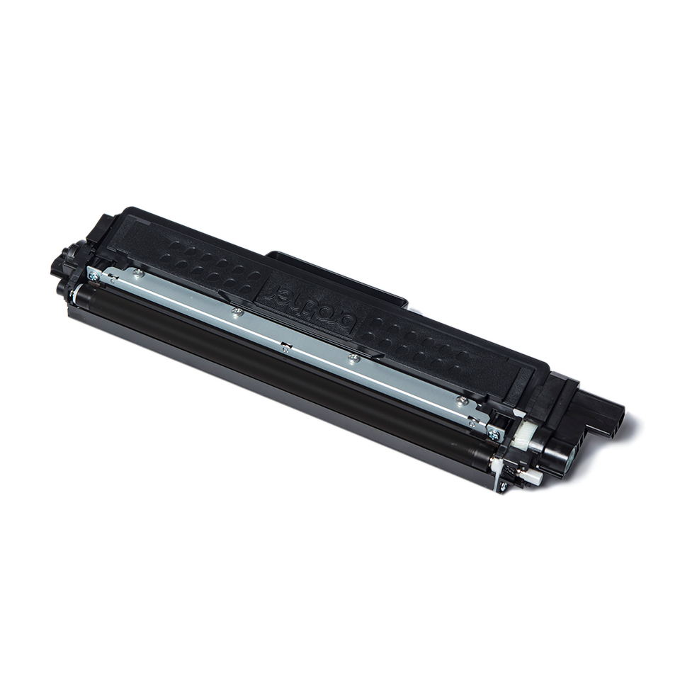 Cartouche de toner Brother noire avec composants argentés sur fond noir.