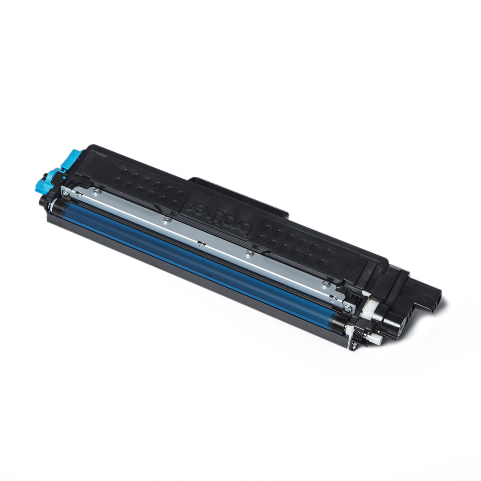 Cartouche de toner bleue avec des parties noires et blanches.