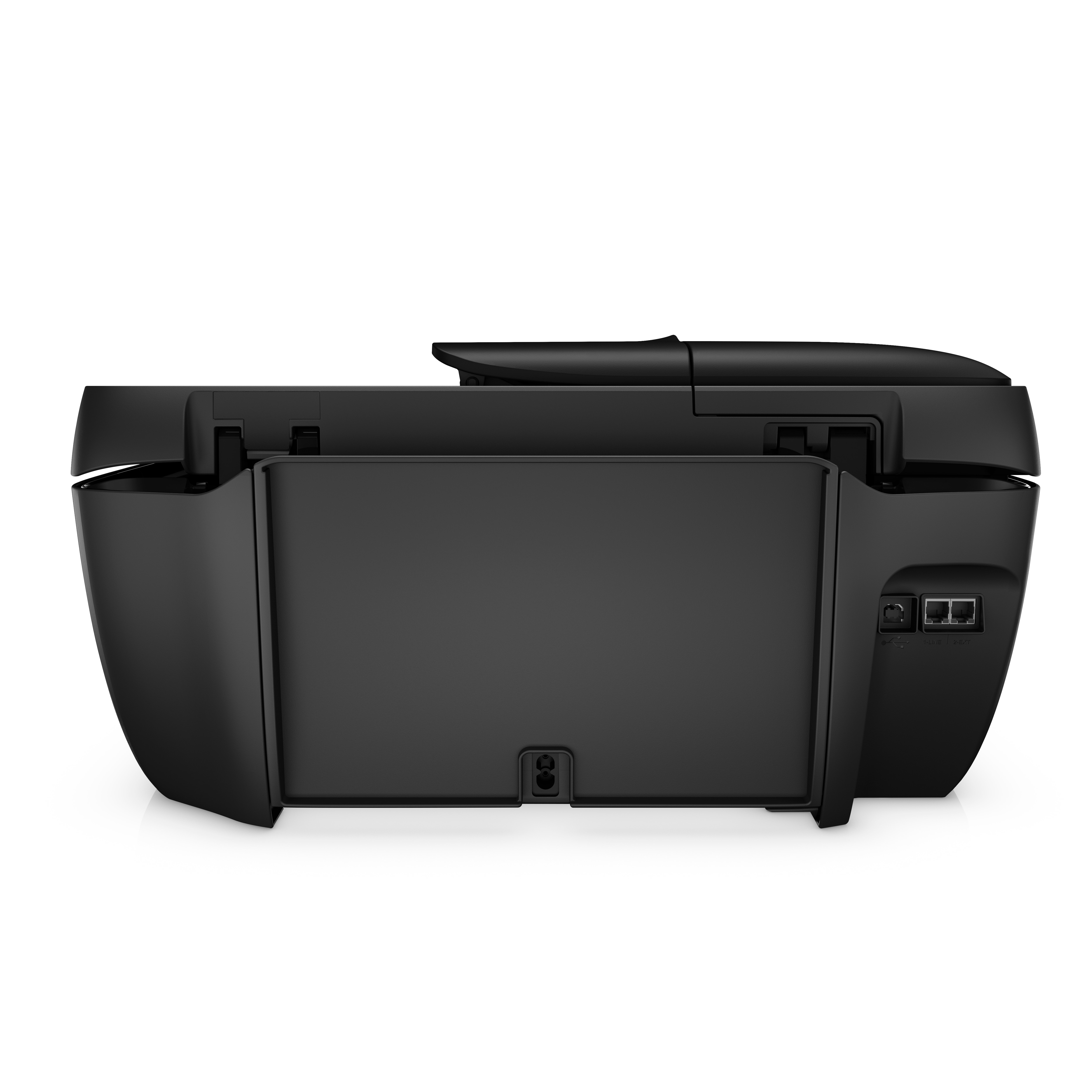 Una impresora HP negra, vista trasera. Varios puertos son visibles, junto con los puertos de alimentación y ethernet.