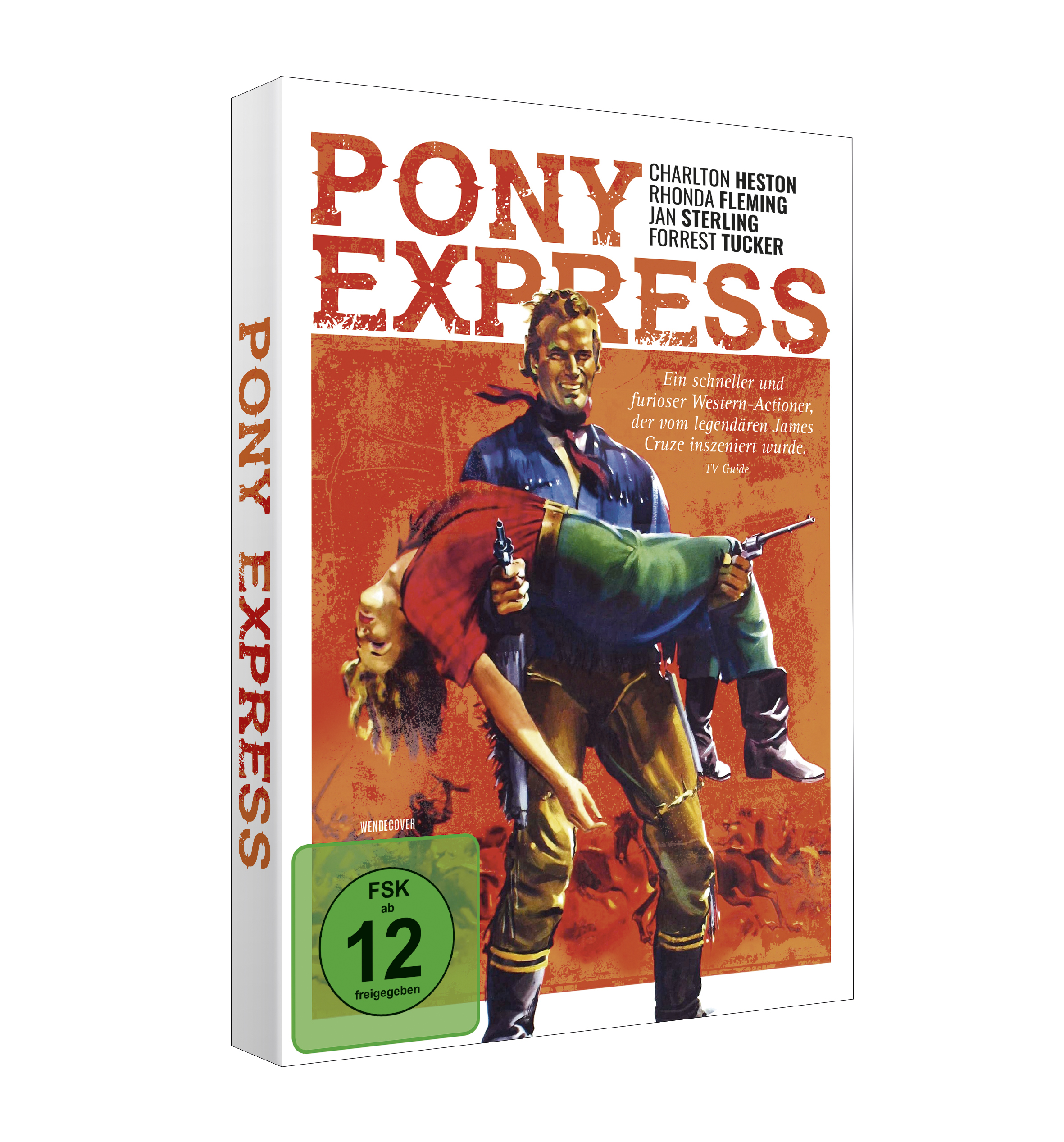 DVD-Cover für „Pony Express“. Ein Mann, der eine Frau in einer roten und blauen Szene hält. Text an der Seite.