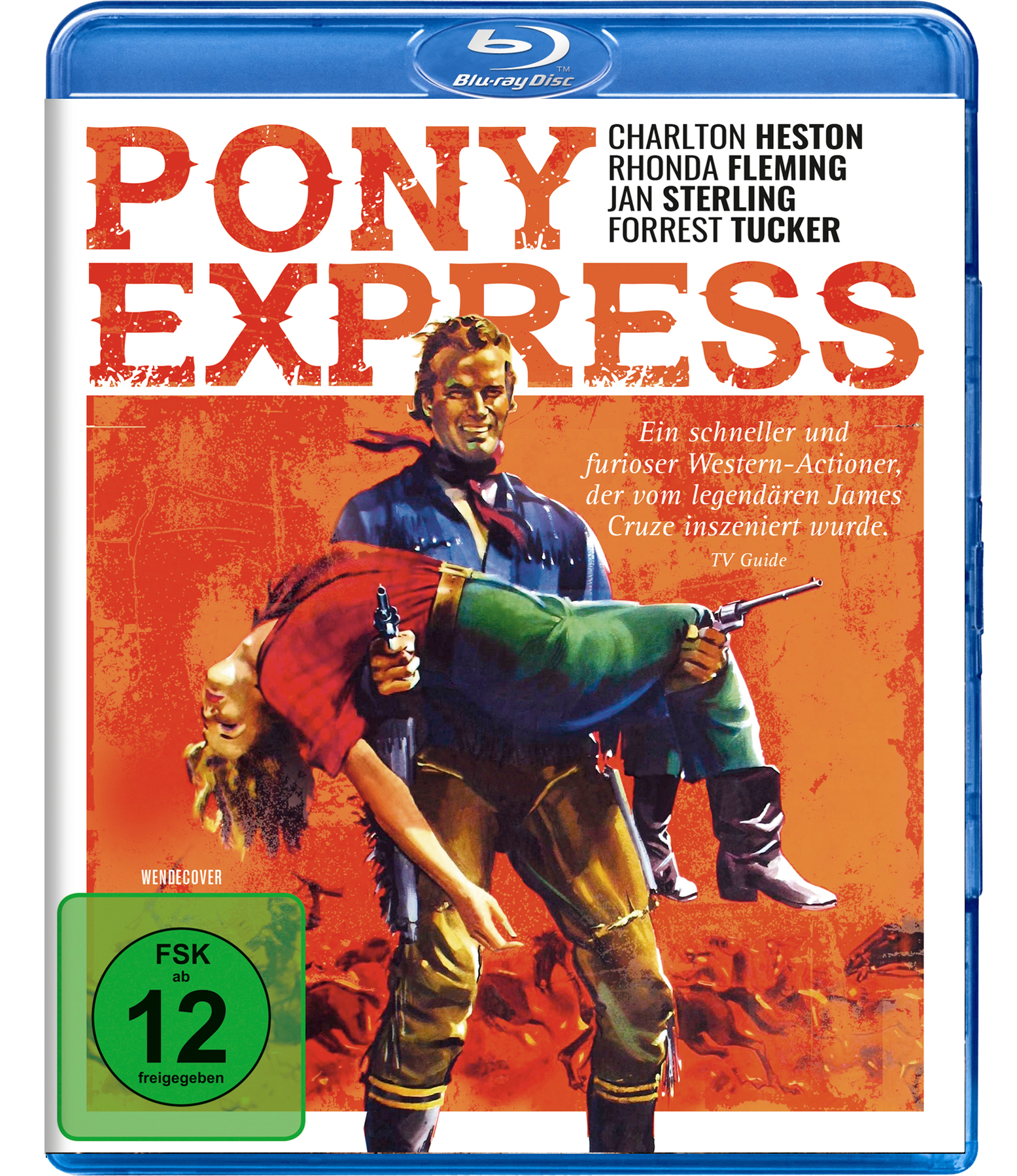 Filmplakat: Pony Express. Charlton Heston hält eine Frau mit einer Pistole. Pferde im Hintergrund.