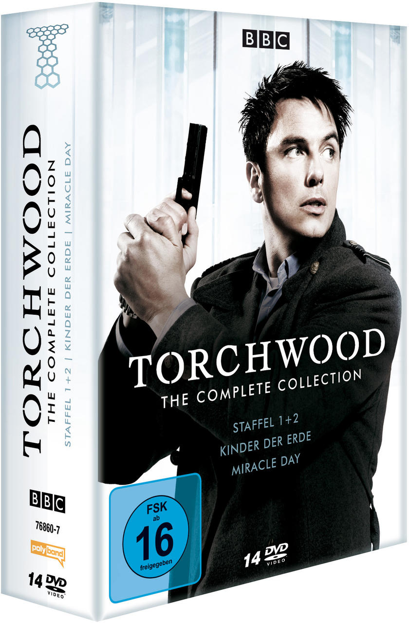 DVD-Box-Set von Torchwood, The Complete Collection. Das Cover zeigt John Barrowman mit einer Waffe.