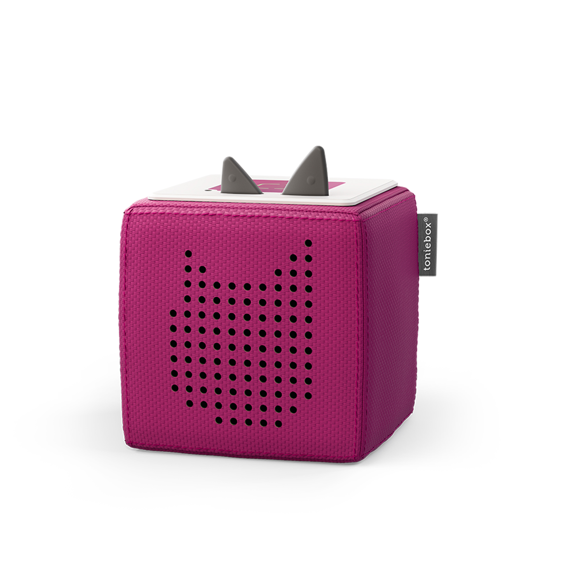 Pinke Toniebox mit grauen Ohren. Quadratische Form. Isoliert auf weißem Hintergrund.