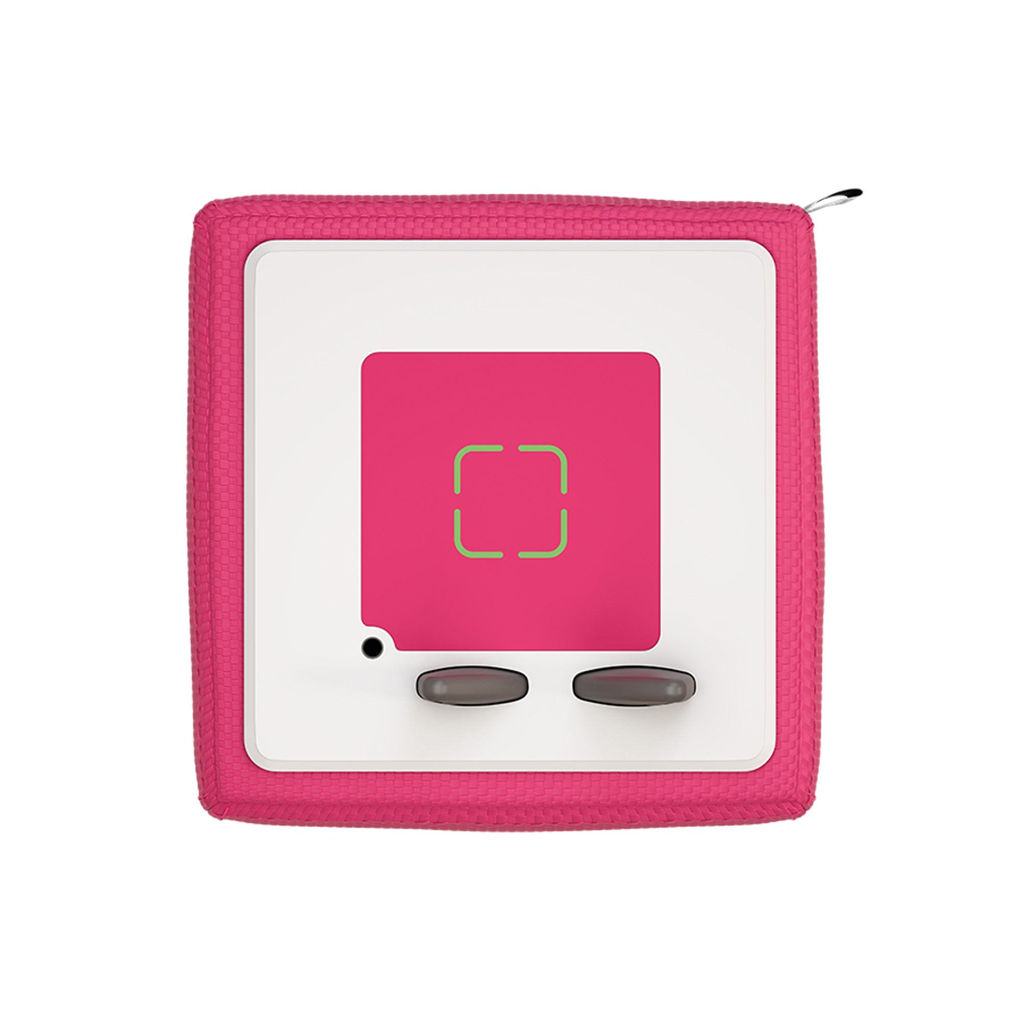 Ein rosa würfelförmiges Spielzeug mit Bildschirm, Knöpfen und Reißverschluss. Es hat ein weißes und rosa Design.