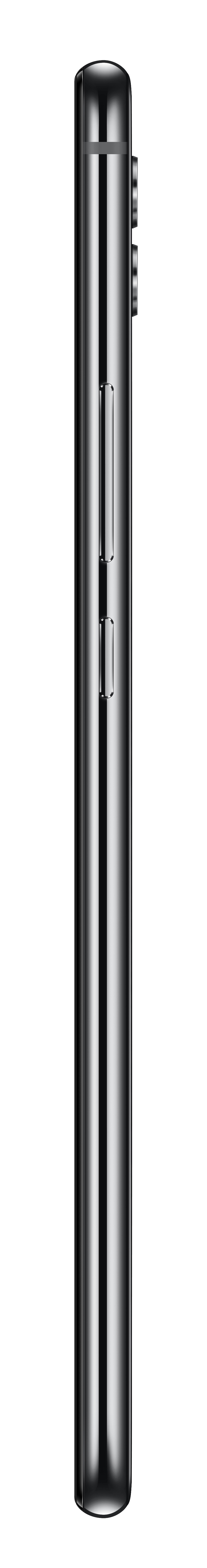 Seitenansicht eines schlanken, silbernen Smartphones mit Knöpfen und schwarzem Rahmen. Isoliert auf Weiß.
