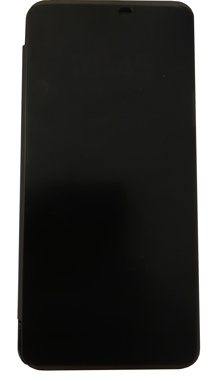 Een zwarte smartphone met het scherm naar de kijker gericht.