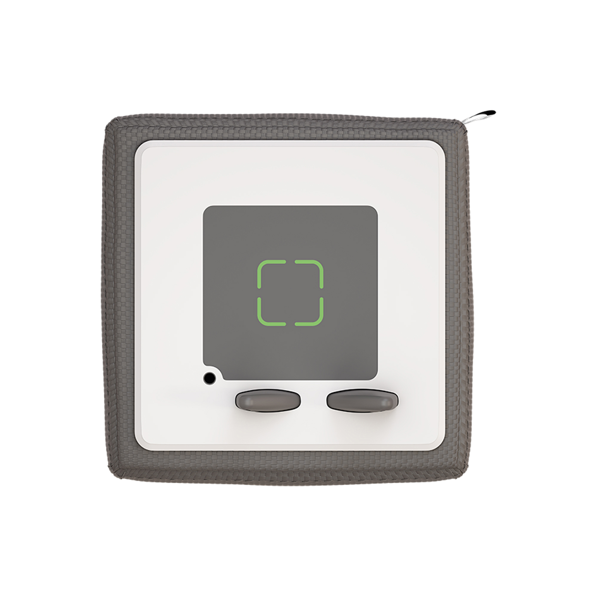 Ein grau-weißes Smart-Home-Gerät. Es hat einen zentralen Knopf und darunter Steuertasten.