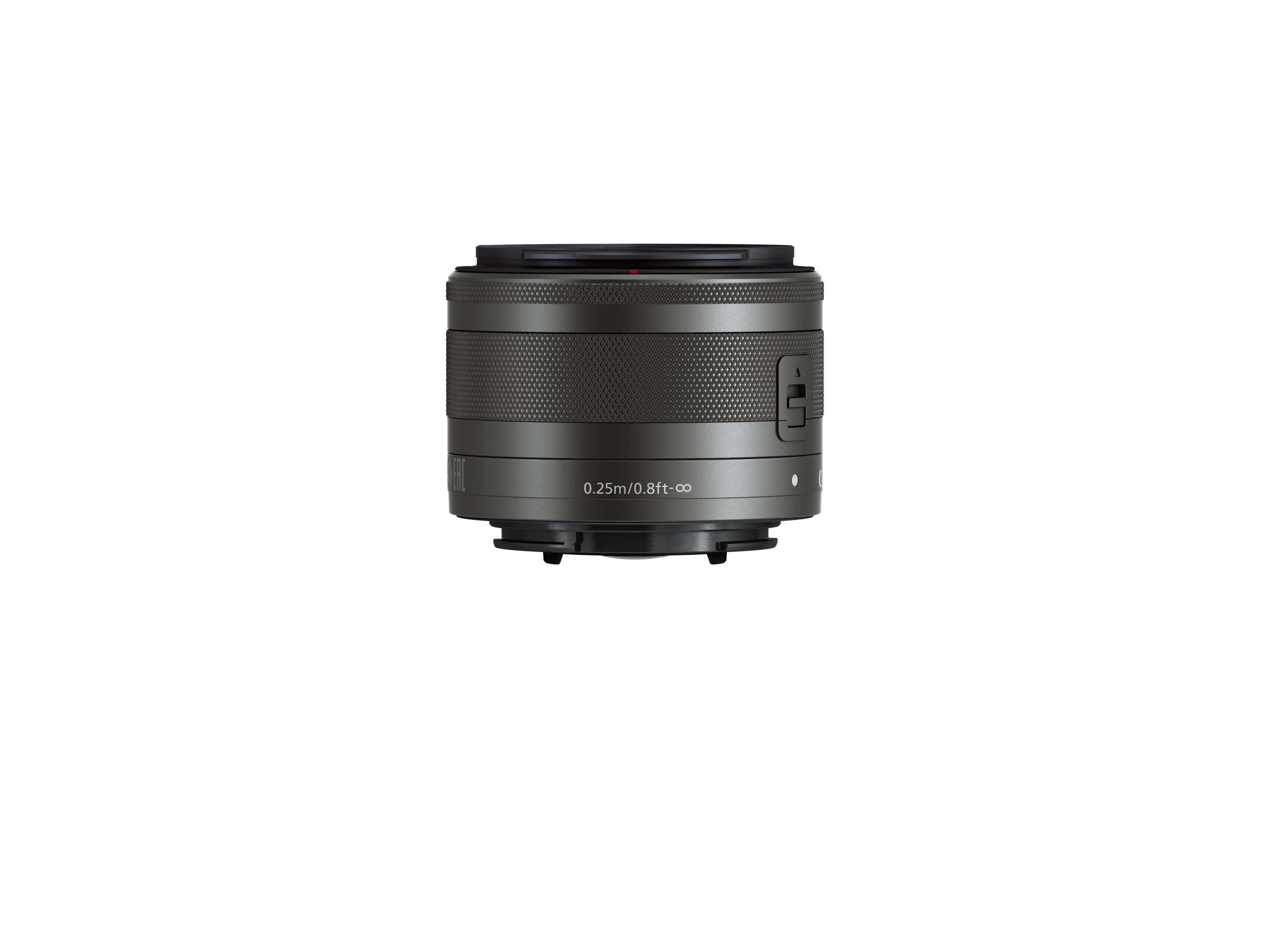 A dark gray camera lens, with a black ring at the end. It is on a white background.