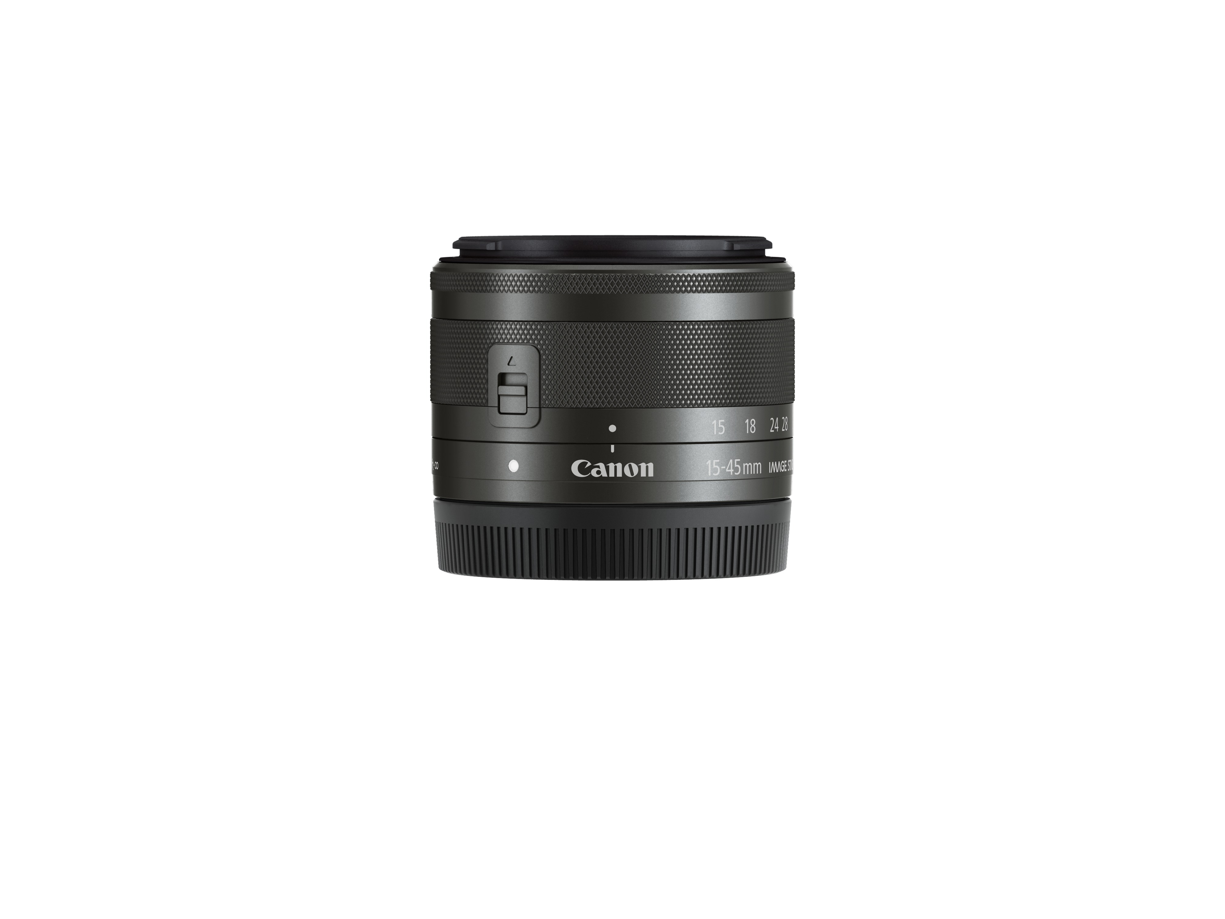 Canon 15-45mm lens. Black lens with markings and a focus ring. Isolated on white background.