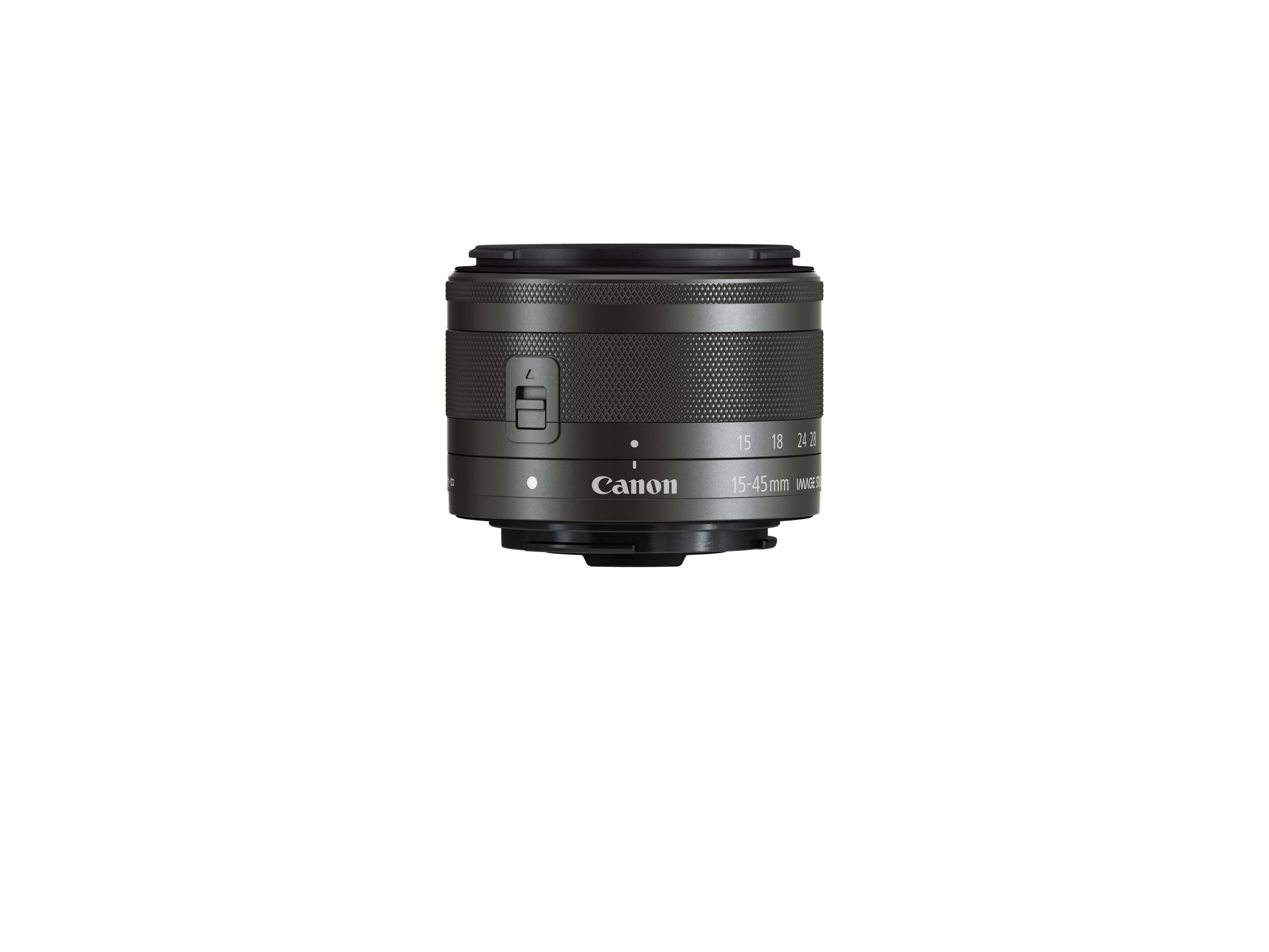 Canon 15-45mm lens on a white background. The lens is black and has markings.