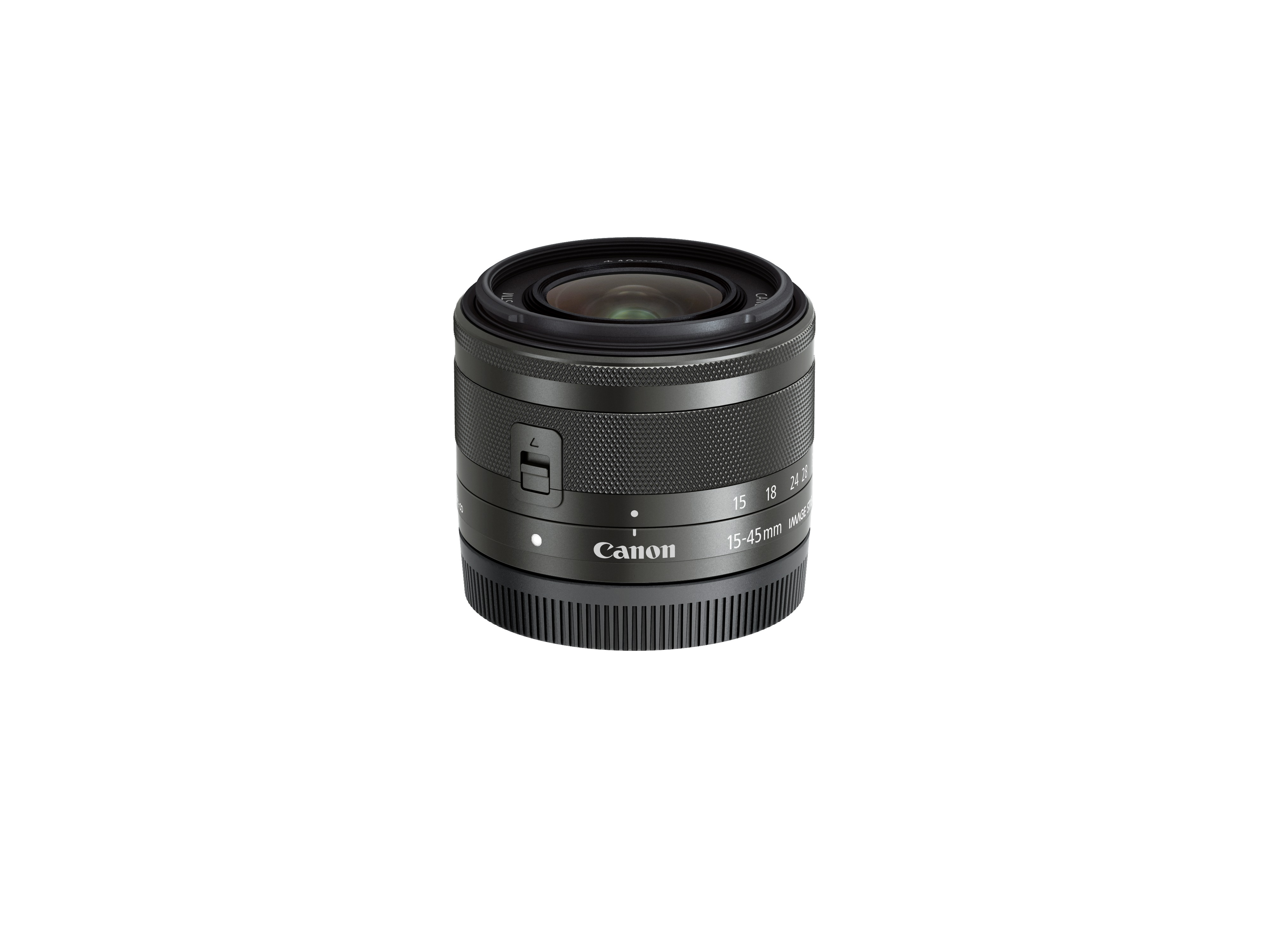 Canon lens. Black lens with a focus ring, and markings.