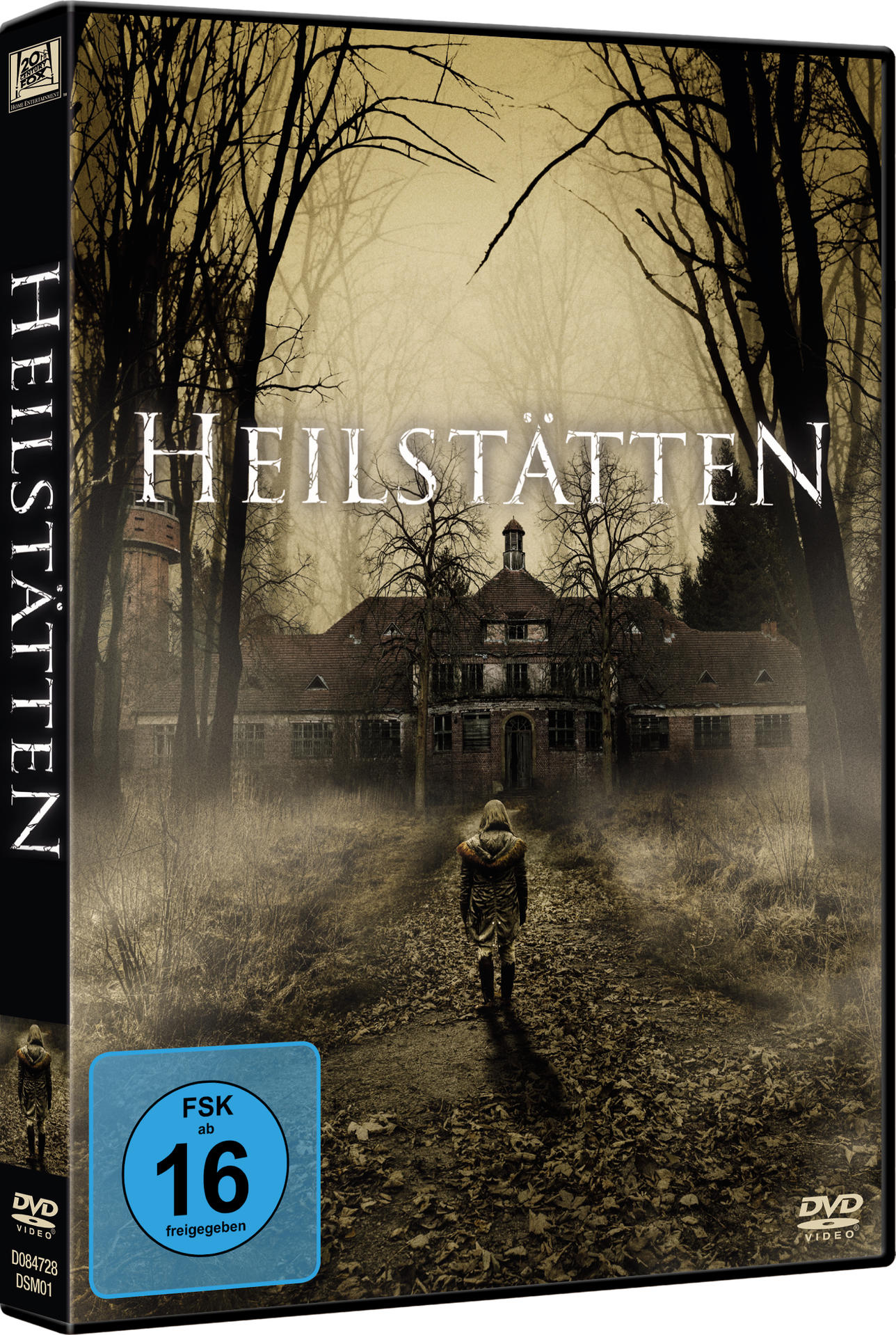 DVD-Cover für Heilstatten, ein Horrorfilm, der eine Person zeigt, die auf einem Weg auf ein Gebäude zugeht.