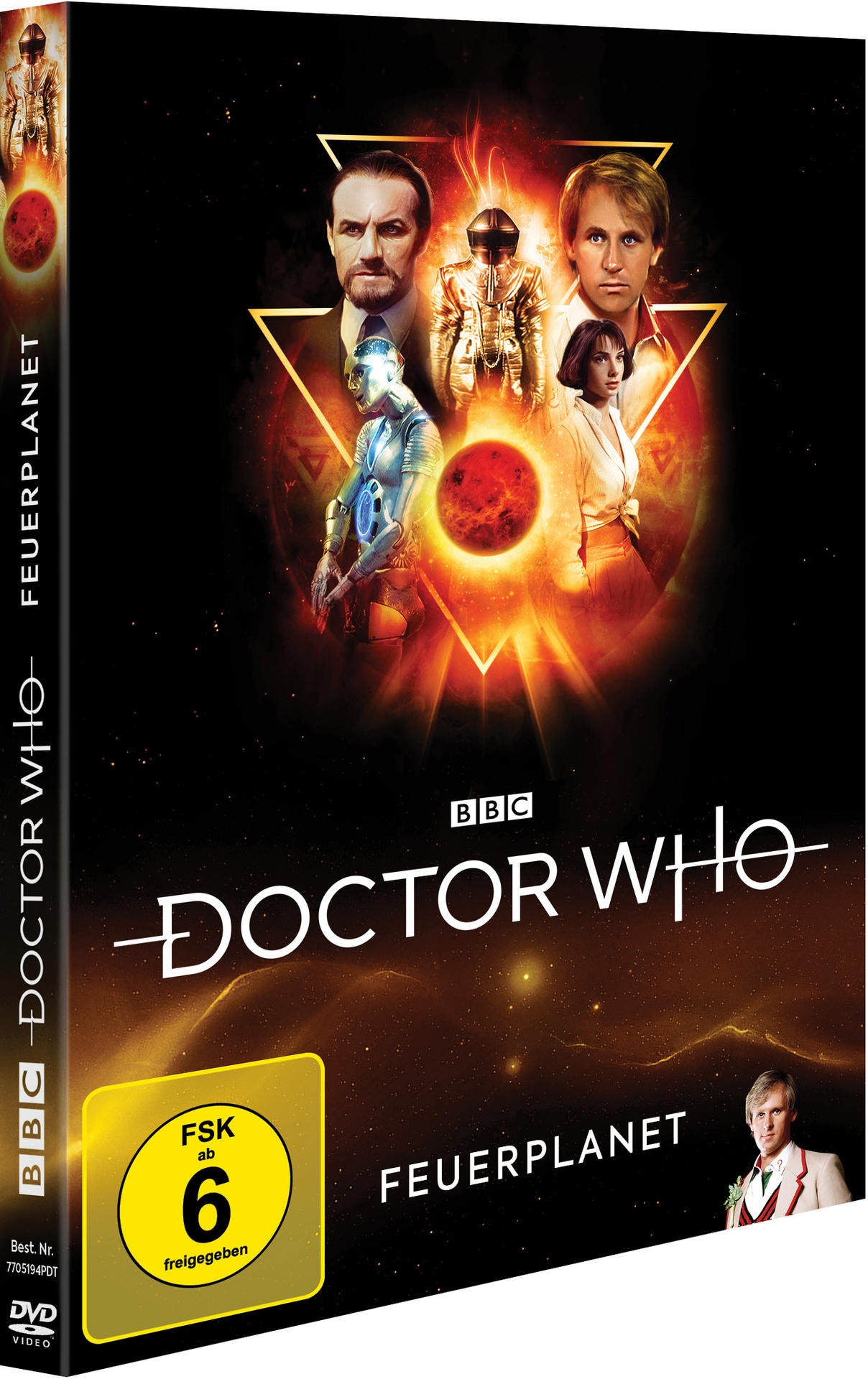 Doctor Who DVD-Cover: Charaktere in einer feurigen Szene. BBC-Logo und Titel 'Feuerplanet' sind sichtbar.
