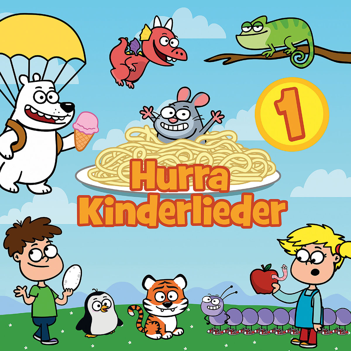 Cartoon-Bild mit verschiedenen Charakteren und dem Text 'Hurra Kinderlieder'. Bunte Illustration.