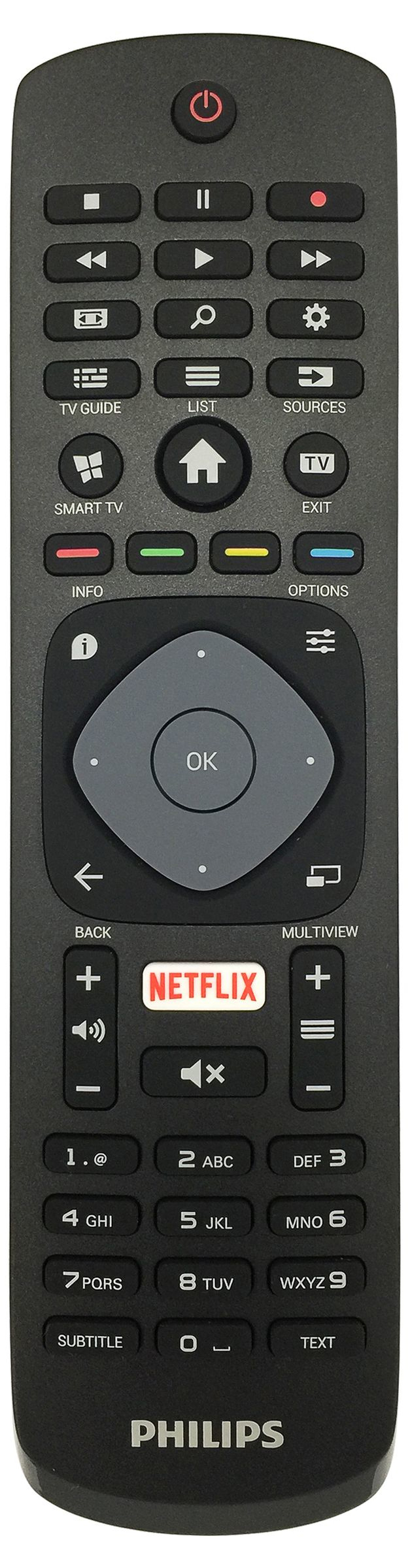 Mando a distancia de TV Philips negro con muchos botones, incluidos Netflix y teclas de navegación.