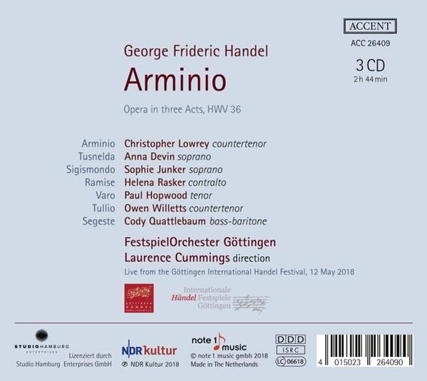 CD-Cover mit Text, der die Interpreten, den Opernnamen „Arminio“ und das Logo eines Orchesters auflistet.