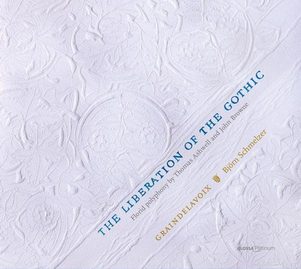 Weißes CD-Cover mit aufwändigem geprägtem Design und Text: THE LIBERATION OF THE GOTHIC. Blauer und goldener Text.