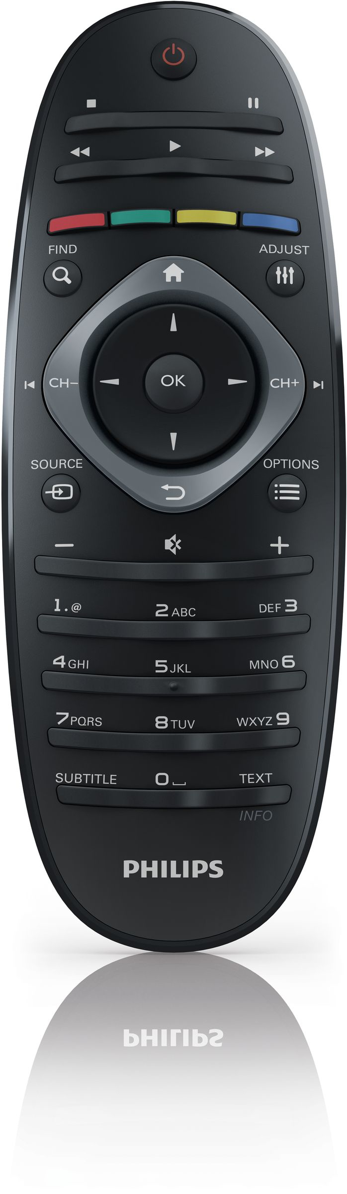 Birçok düğmeli siyah bir Philips uzaktan kumandası. Ortada bir navigasyon tekerleği var.