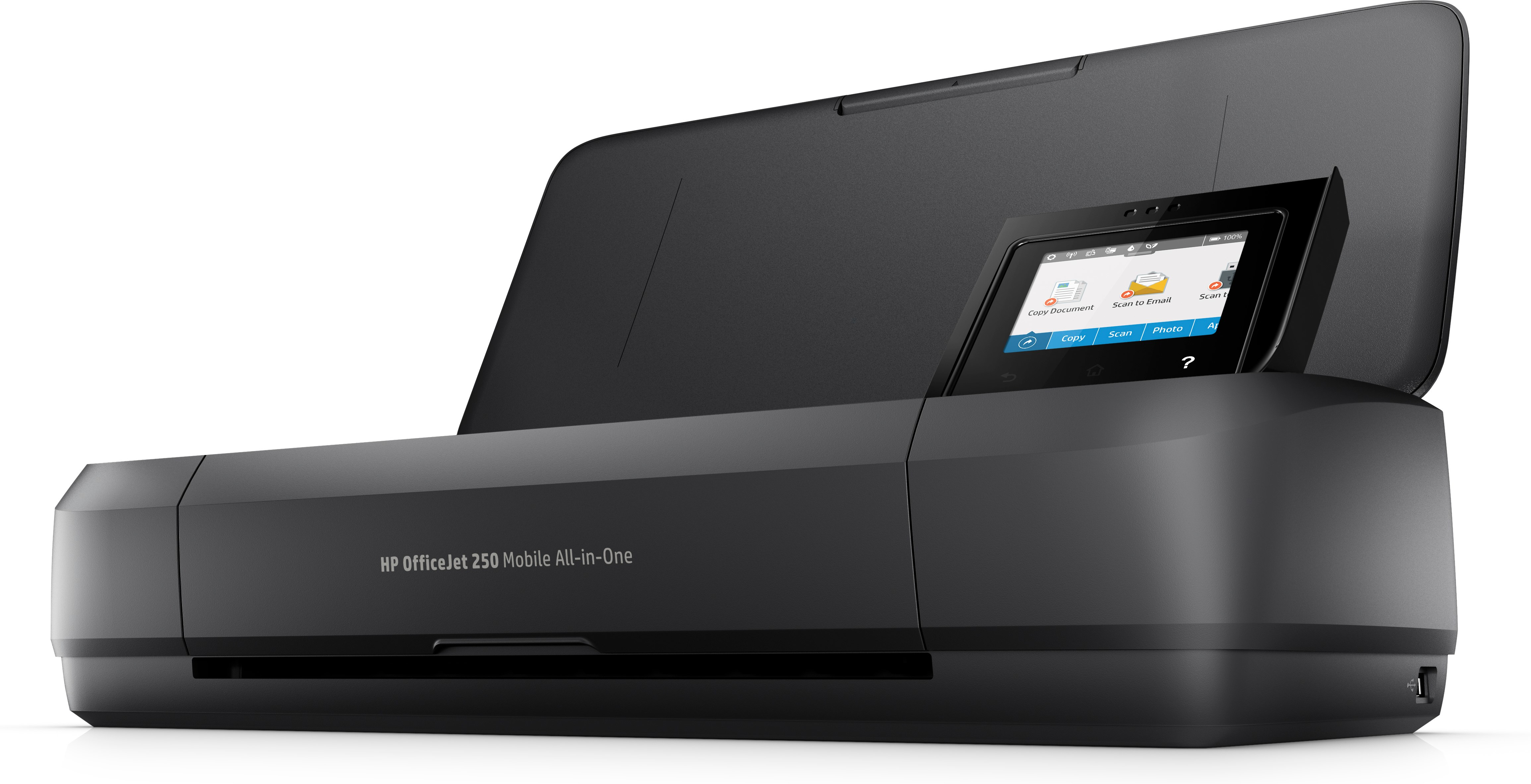 Dokunmatik ekranlı siyah bir HP OfficeJet 250 mobil hepsi bir arada yazıcı.