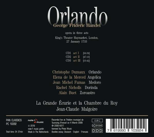 CD-Cover mit Text über die Oper Orlando von George Frideric Händel. Weißer Hintergrund.
