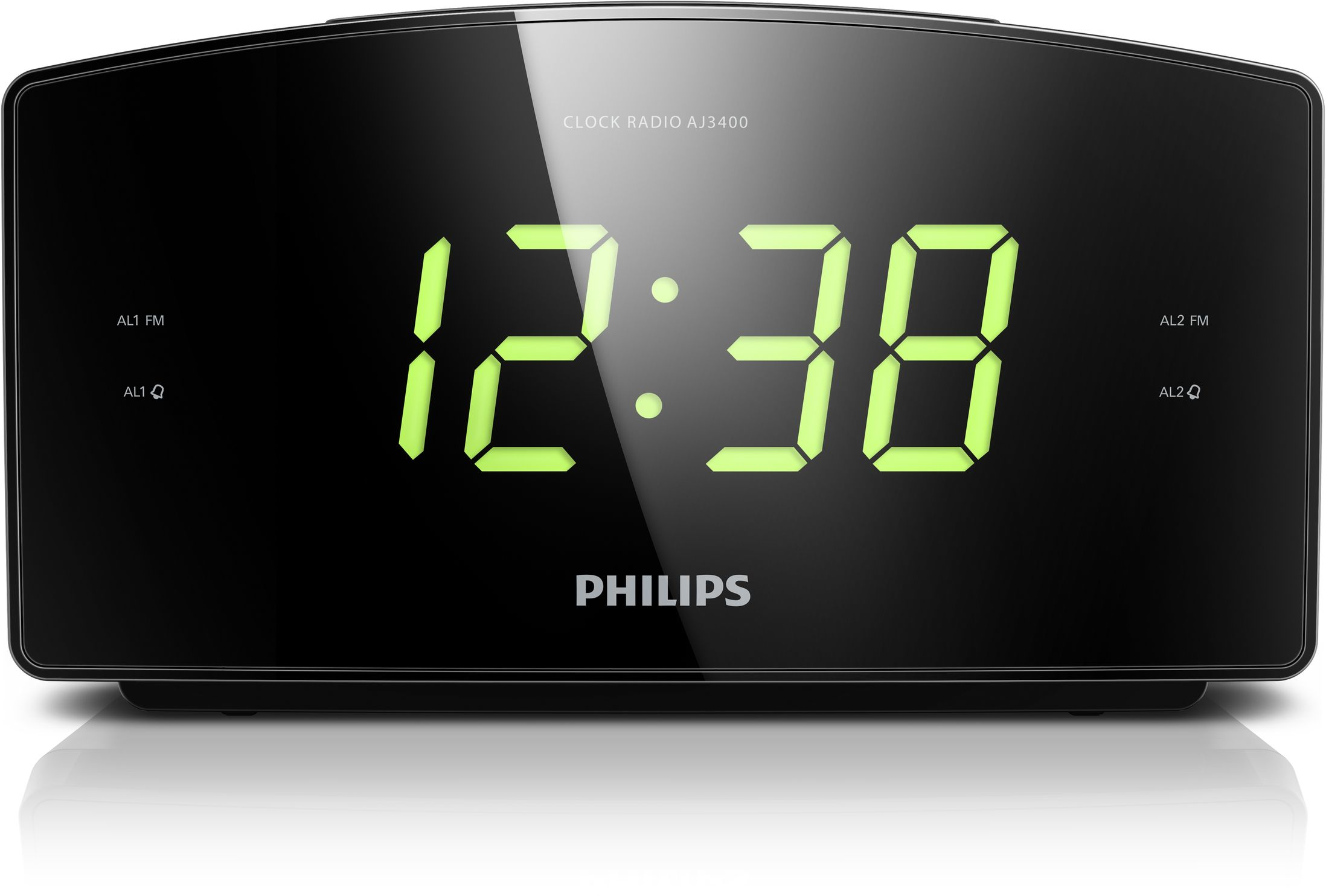 Siyah Philips dijital saatli radyo, yeşil ekran, 12:38 gösteriyor.