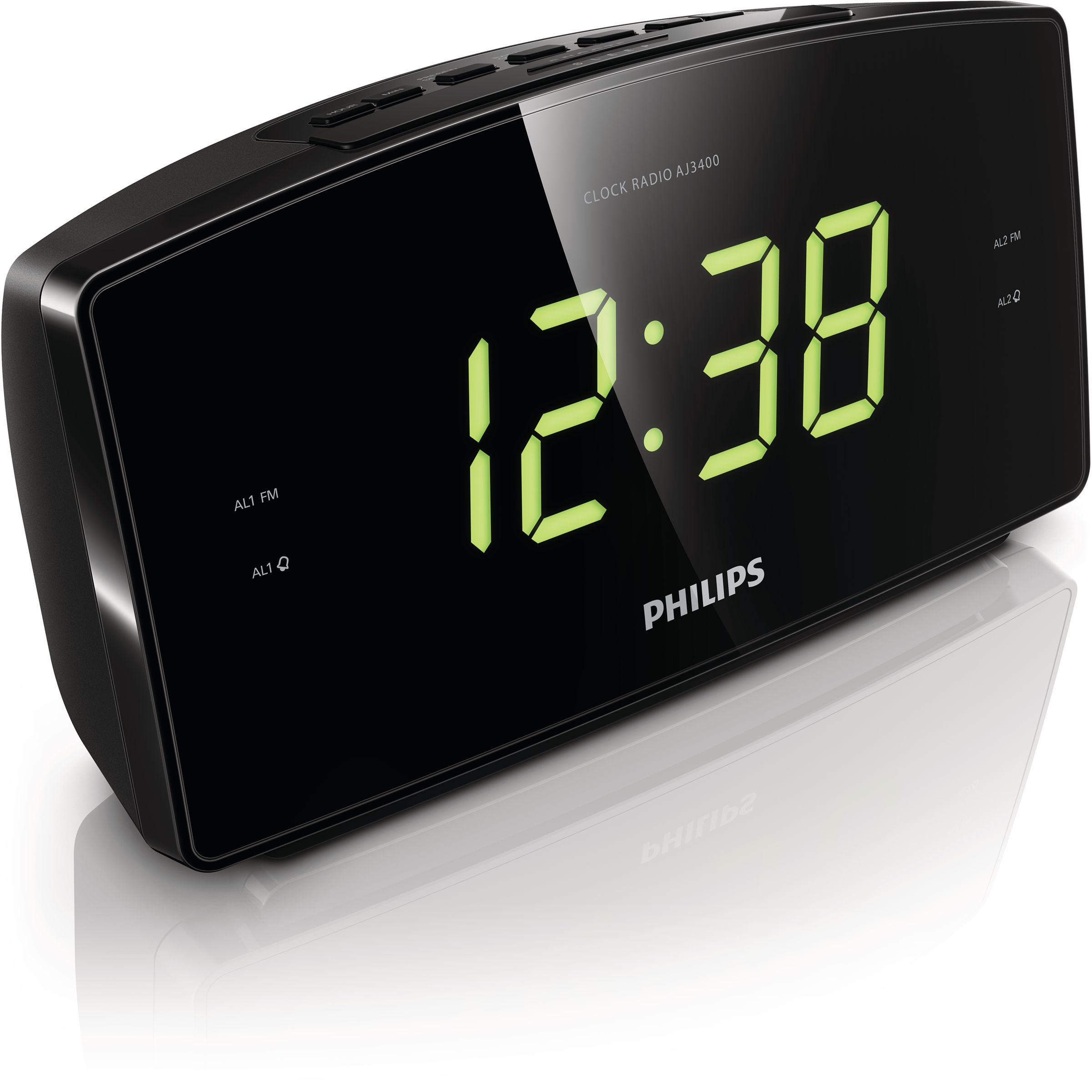 Yeşil rakamlarla 12:38 gösteren siyah Philips radyo çalar saat. Cihazın parlak bir ön yüzü var.