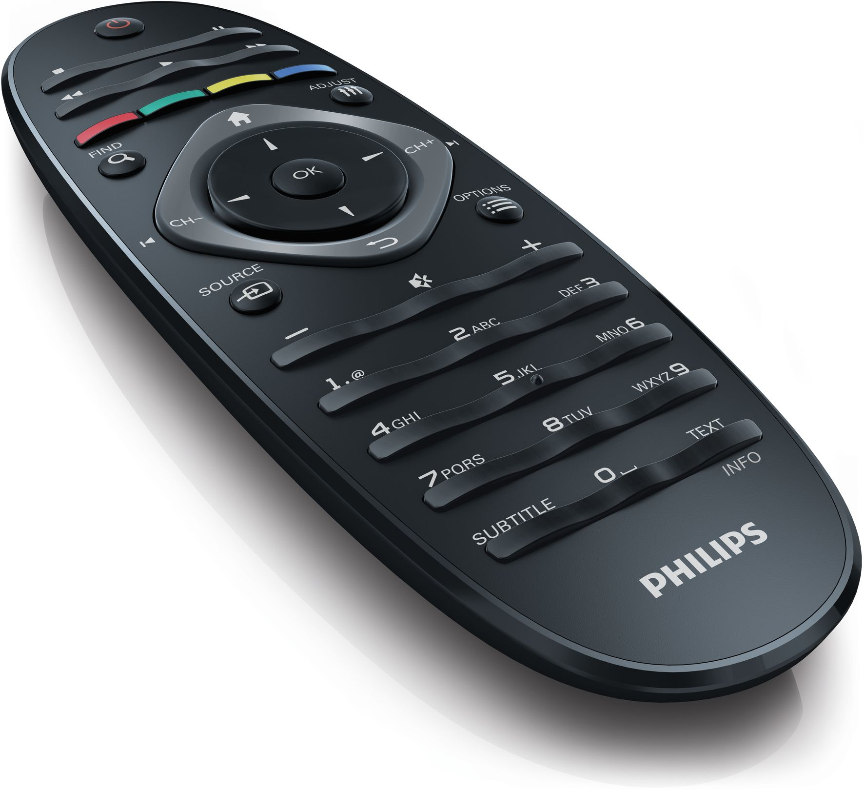 Beyaz bir arka plan üzerinde çoklu düğmeli siyah Philips uzaktan kumandası.