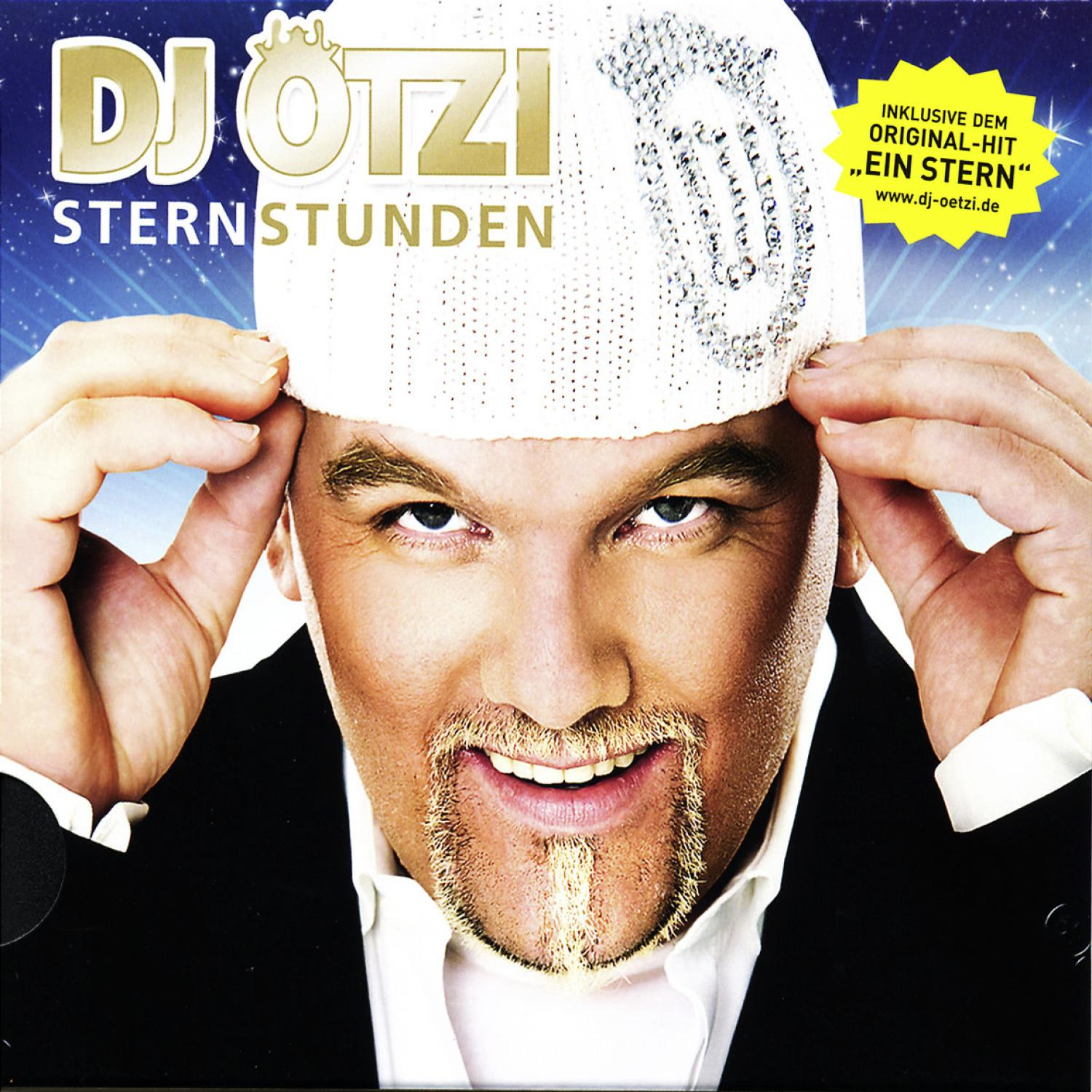 Albumcover für DJ Ötzi, mit weißem Hut und lächelndem Gesicht. Blauer und glänzender Hintergrund.